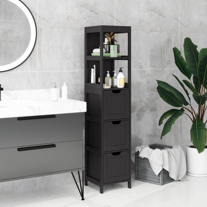 Narrow Bathroom Cabinet with 3 Drawers and 2 Tier Shelf, Tall Cupboard Freestanding Linen Tower, Black Bathroom Cabinets   at Gallery Canada