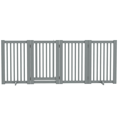 4 Panel Free Standing Wooden Pet Gate with Open Door Light Grey