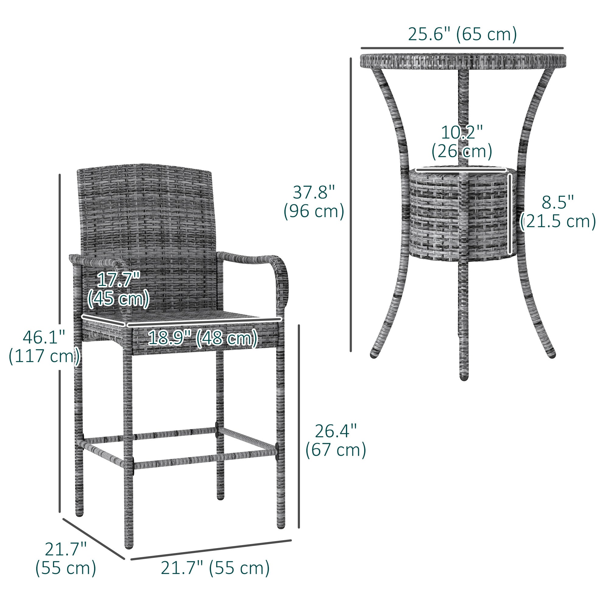 3 Pieces Patio Bar Set, Rattan Bistro Table and Chairs, Outdoor Conversation Furniture Set with Ice Bucket, Mixed Grey Bistro Sets at Gallery Canada