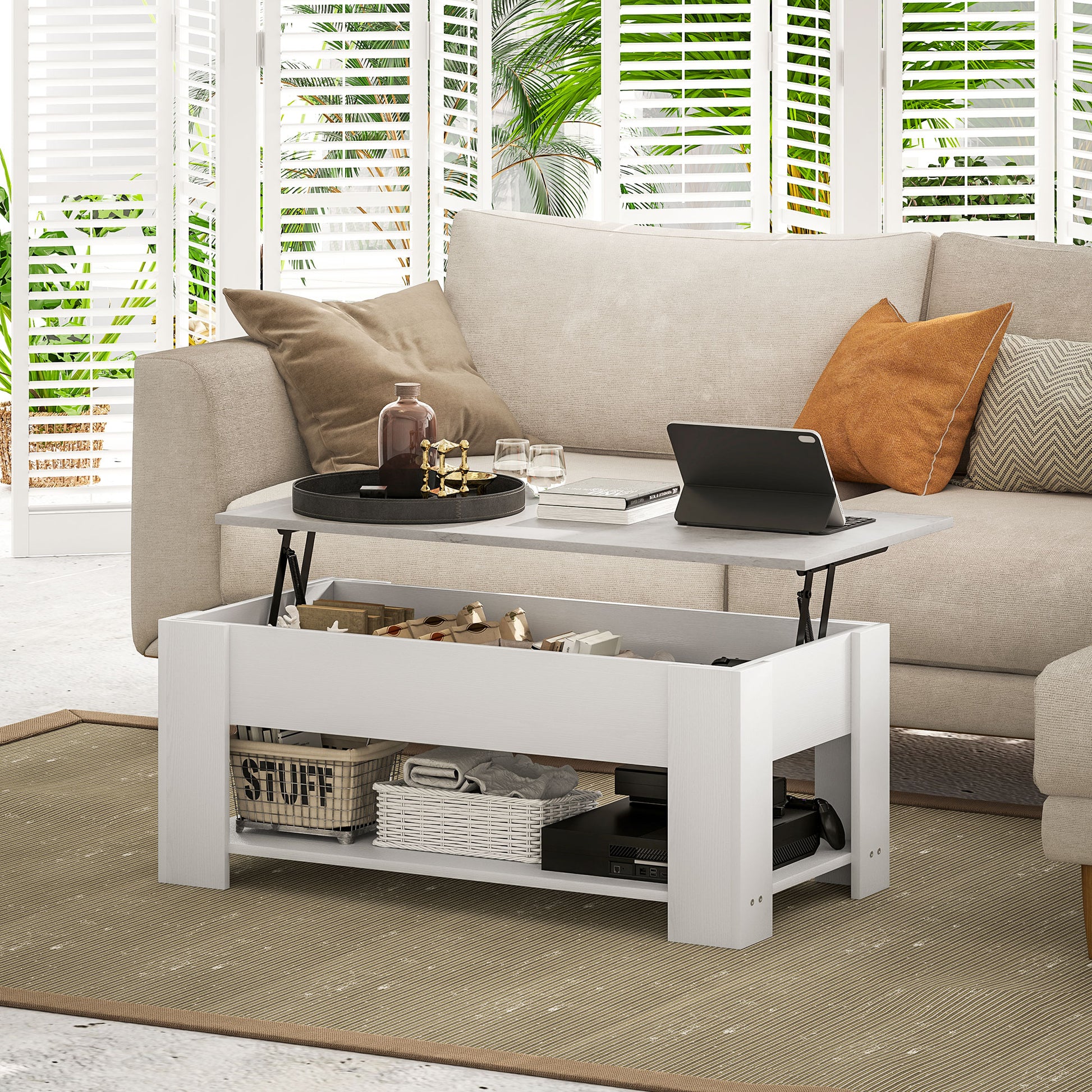 Lift Top Coffee Table with Hidden Storage Compartment and Open Shelf, Center Table for Living Room, White Coffee Tables   at Gallery Canada