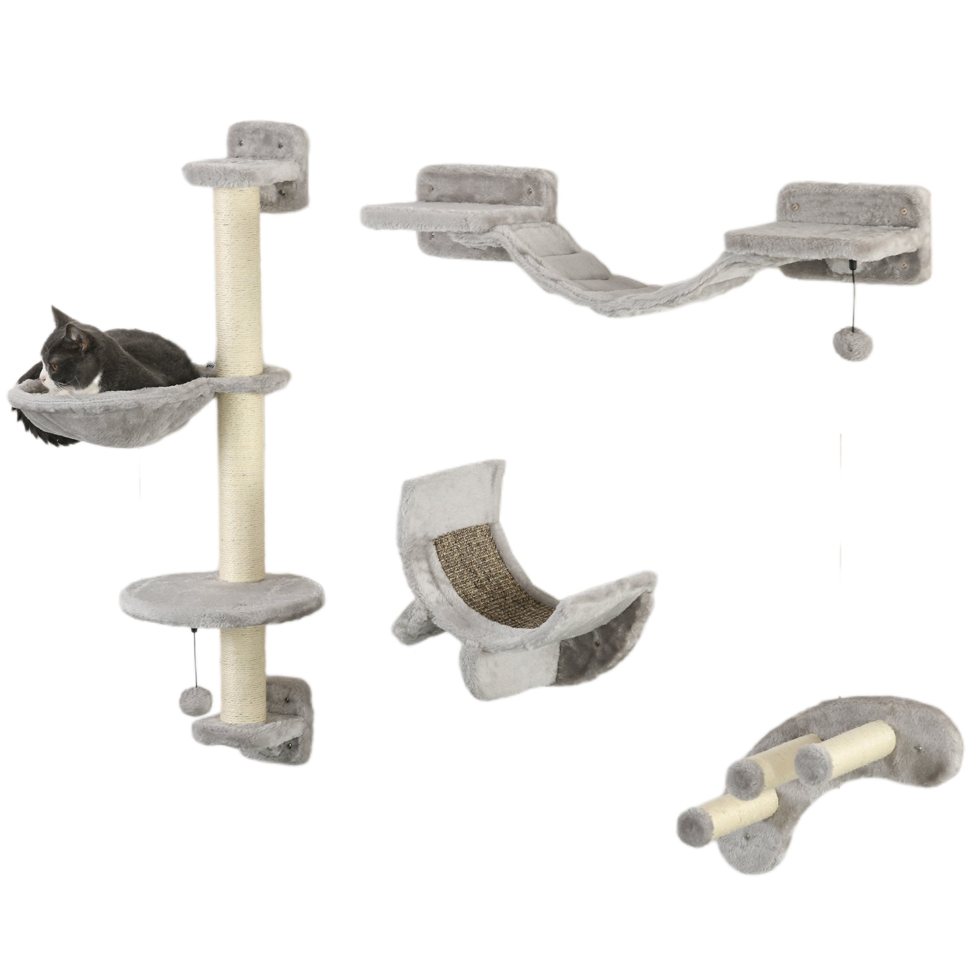 4Pcs Cat Wall Shelf with Scratching Post, Cat Wall Shelves for Relaxing, Climbing, Cat Wall With Soft Ladder, Hammock, Play Balls, Grey Cat Climbing Wall at Gallery Canada