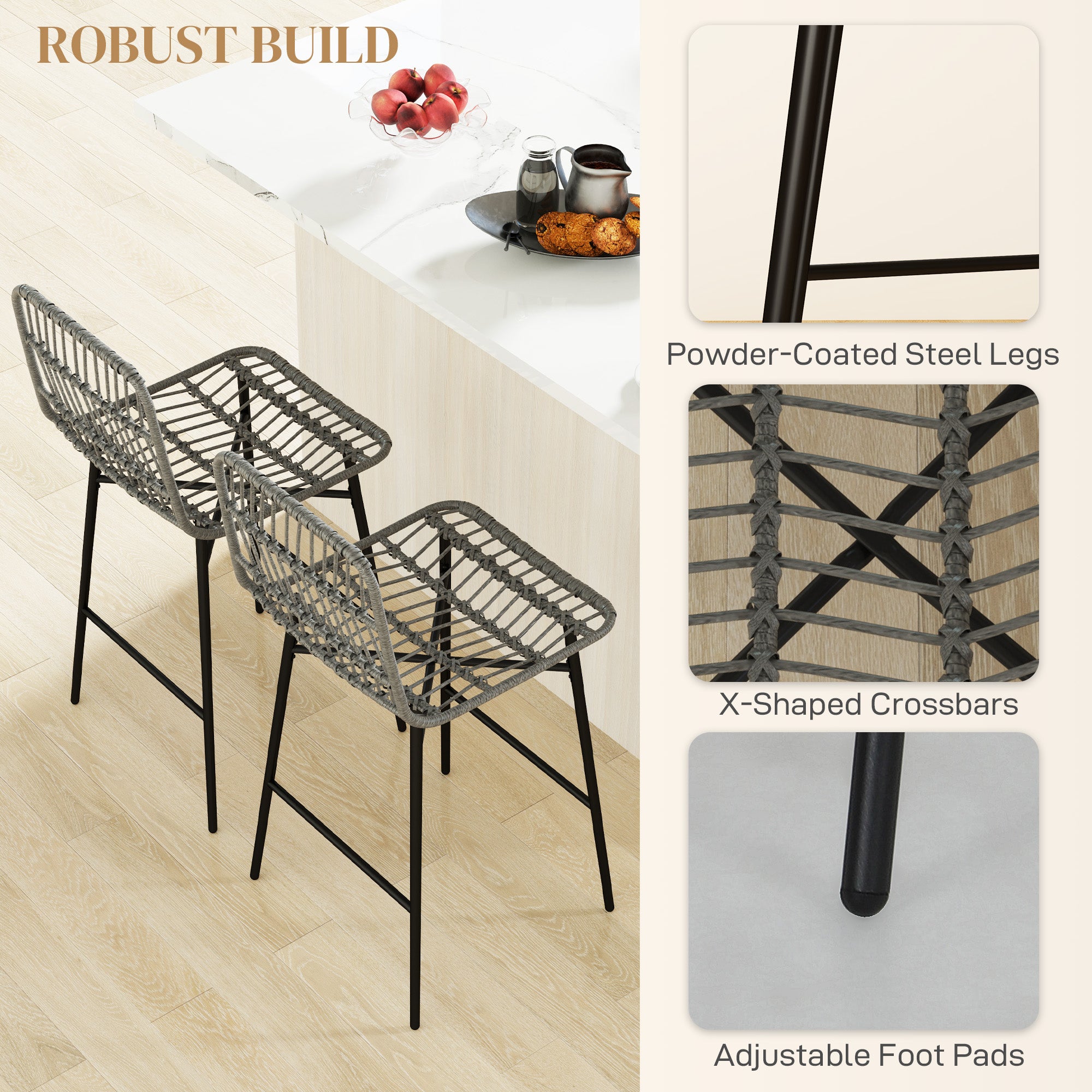 Rattan Counter Height Bar Stools Set of 2, 26