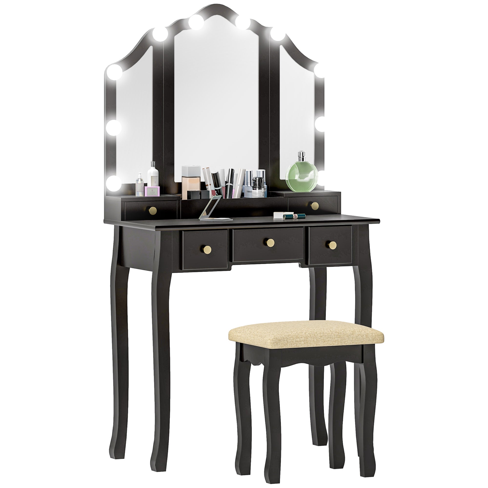 Makeup Vanity Desk with Mirror and Stool, Vanity Set with 10 LED Lights, 5 Drawers and 3 Compartments, Black Dressing & Vanity Tables at Gallery Canada