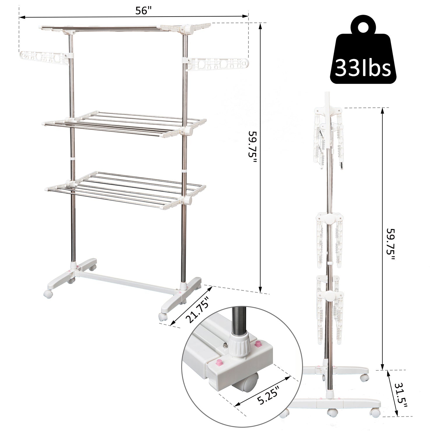 Stainless Steel 3-Tier Collapsible Clothes Drying Rack with Wheels, White Bath Accessories   at Gallery Canada