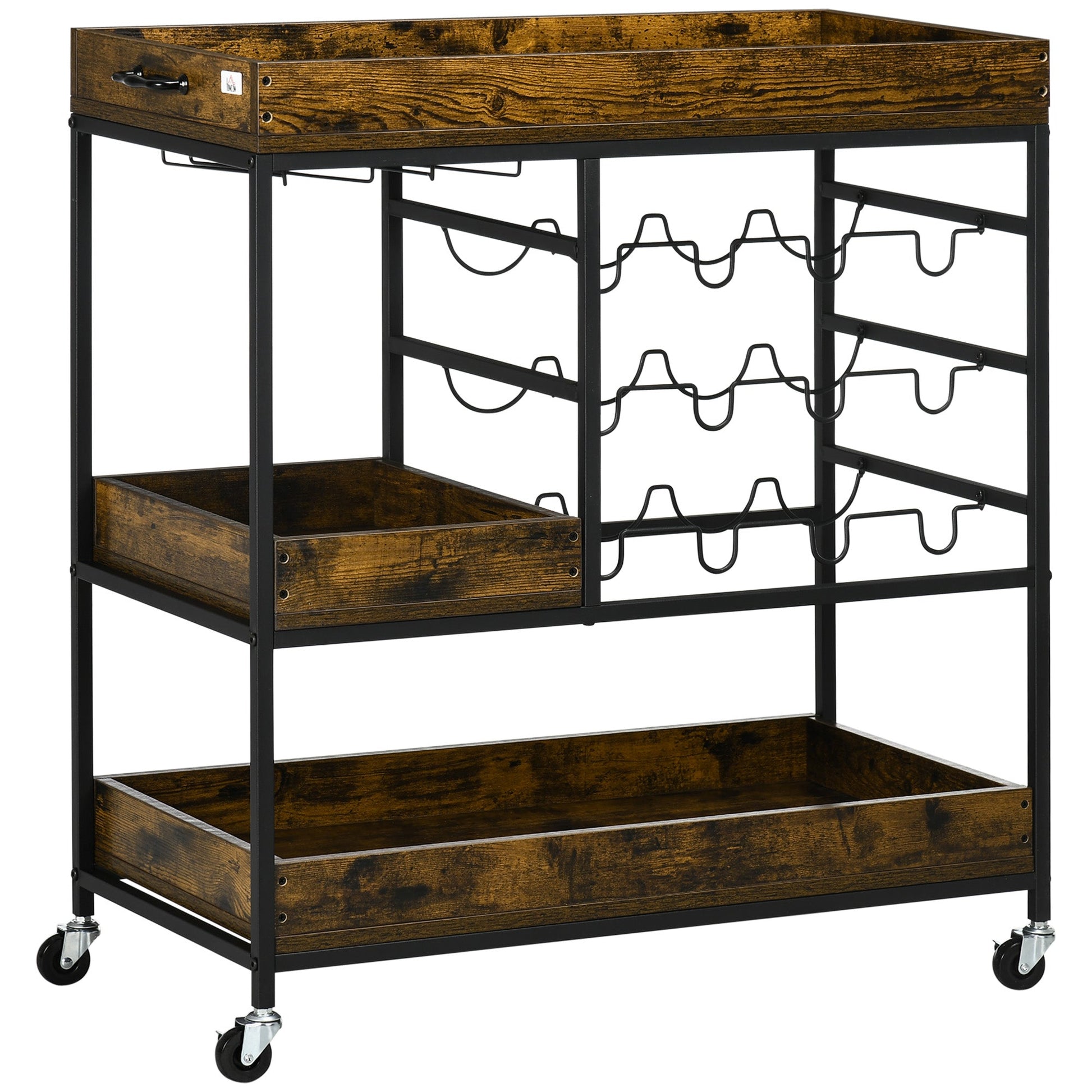 3-Tier Kitchen Cart on Wheels with Handles Wine Racks Glass Holders Rustic Brown Kitchen Islands & Kitchen Carts Multi Colour  at Gallery Canada