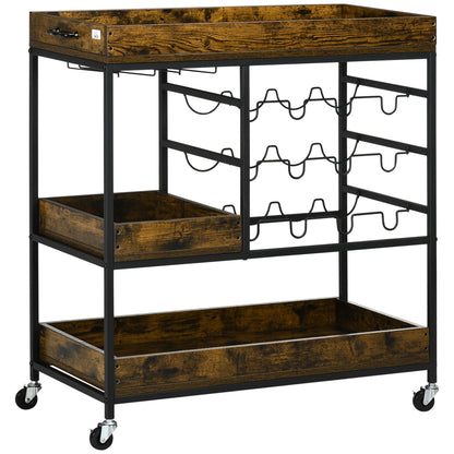 3-Tier Kitchen Cart on Wheels with Handles Wine Racks Glass Holders Rustic Brown Kitchen Islands & Kitchen Carts Multi Colour  at Gallery Canada