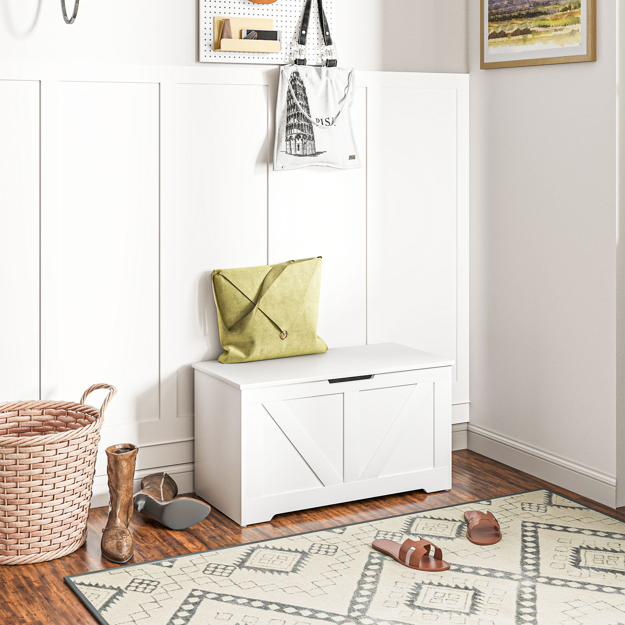 31.5 Inches Storage Chest, Storage Trunk with 2 Safety Hinges, Wooden Toy Box for Living Room, White Wood Grain Storage Cabinets White Wood Grain  at Gallery Canada