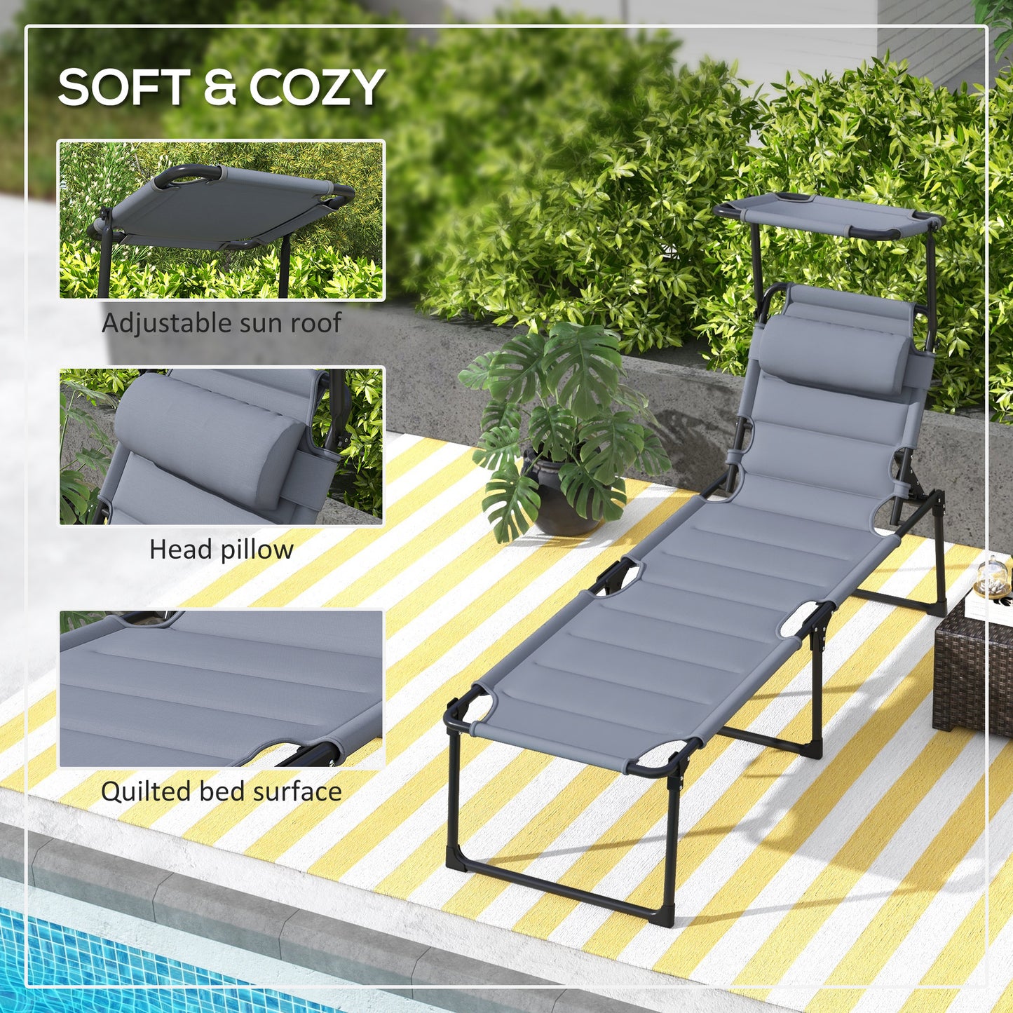 Folding Chaise Lounge with Adjustable Visor, Outdoor Padded Tanning Chairs with Headrest, Reclining Back Lounge Chair, for Beach, Yard, Patio, Grey Lounger Chairs   at Gallery Canada