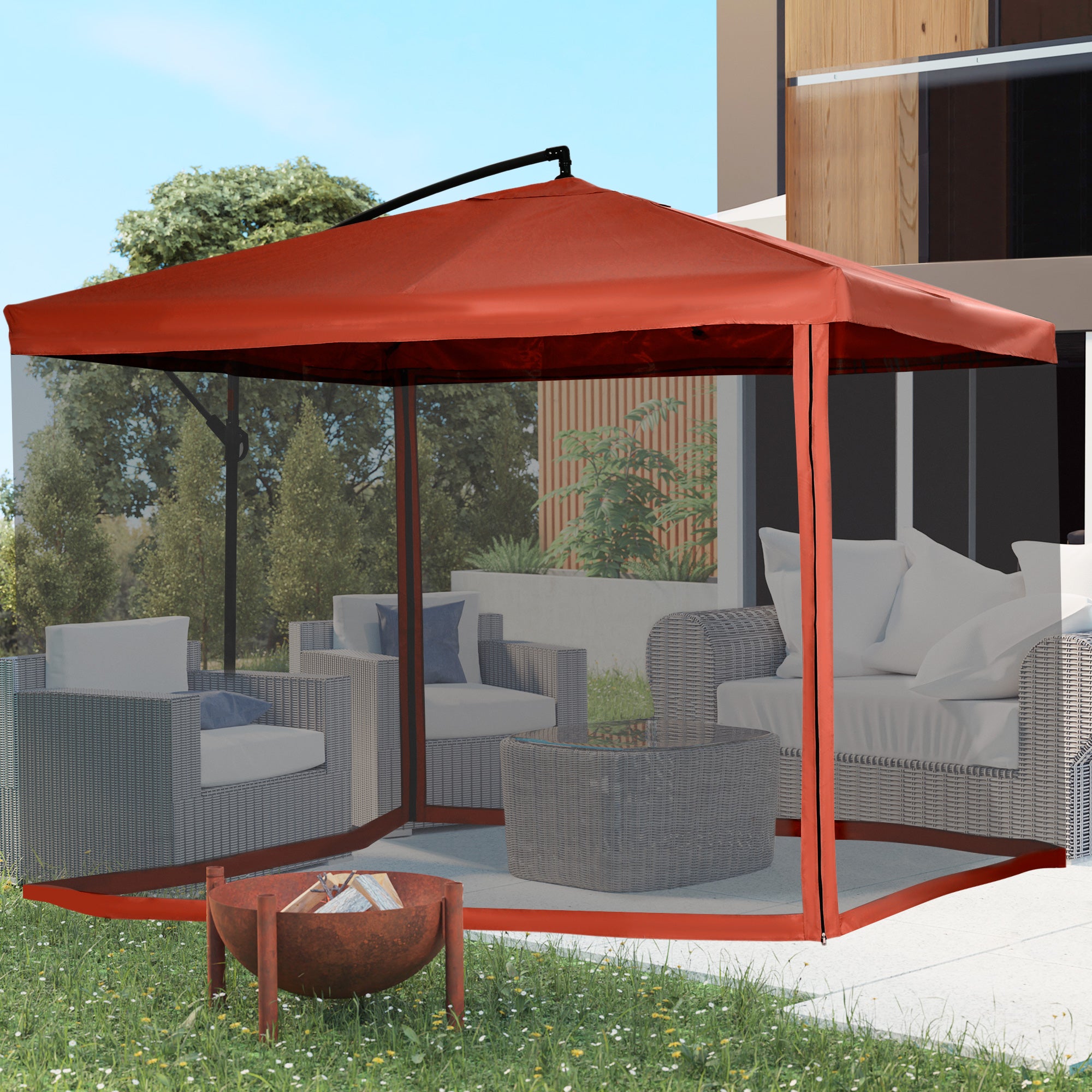 Offset Patio Umbrella with Net and Umbrella Base, Adjustable Cantilever Canopy with Cross Base, Weight Plates and 8 Ribs for Backyard, Poolside, Garden, Wine Red Cantilever Umbrellas at Gallery Canada