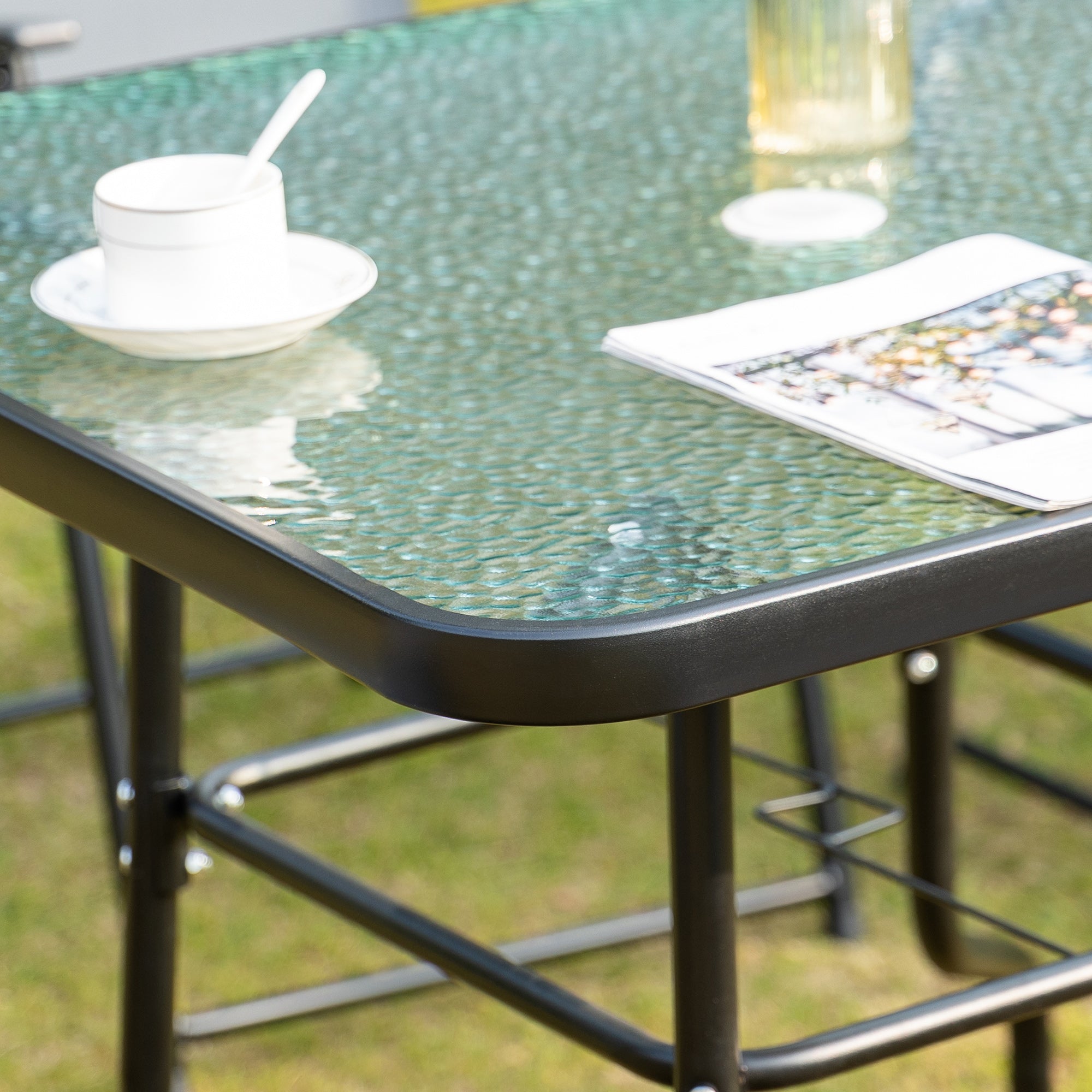 5 Pieces Patio Table and Chairs, Outdoor Dining Set with 4 Folding Chairs, Glass Tabletop and Parasol Hole, Grey Outdoor Dining Sets at Gallery Canada