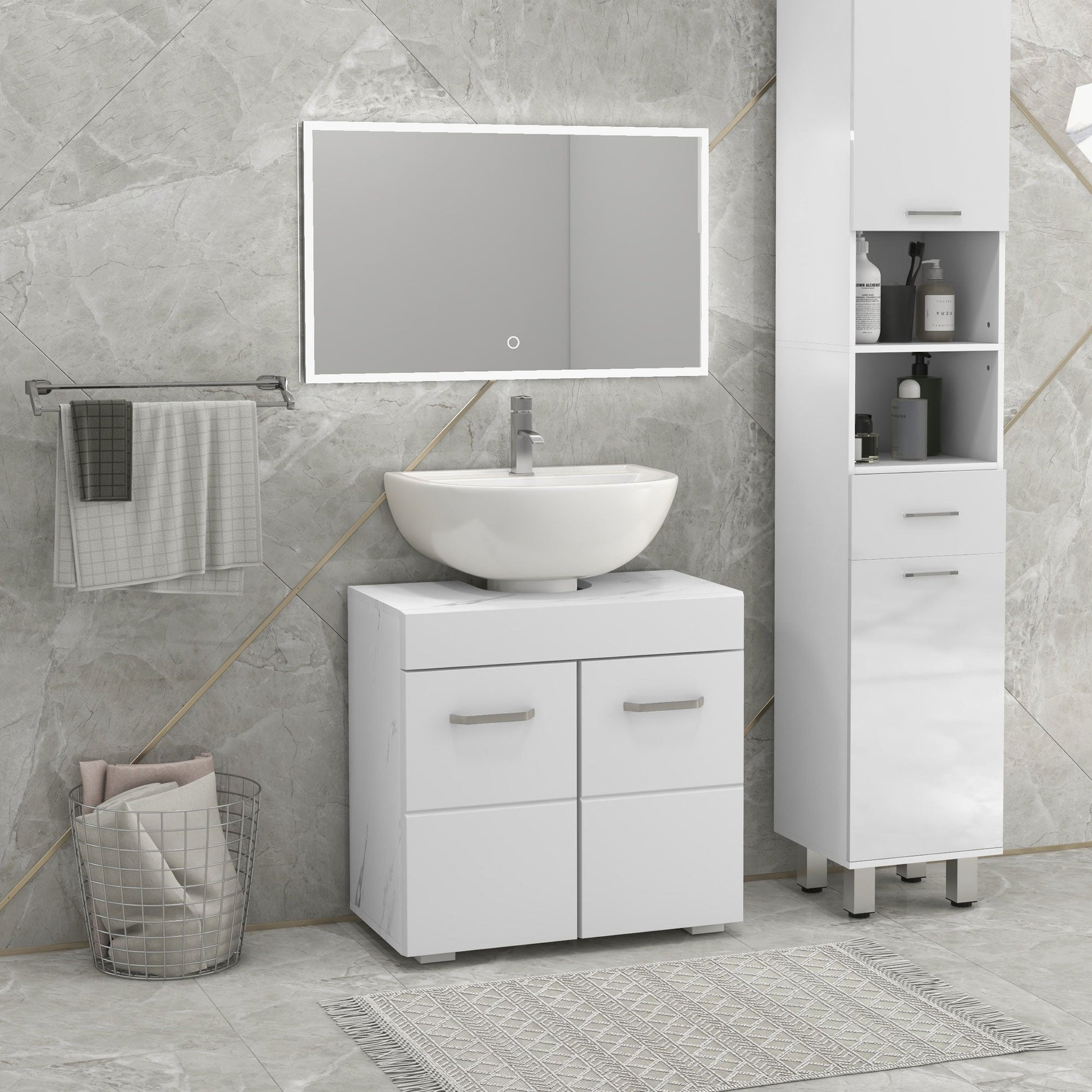 Bathroom Vanity Under Sink Cabinet, Pedestal Cabinet Storage with Double Doors and Adjustable Shelf, White Marbling Bathroom Cabinets   at Gallery Canada