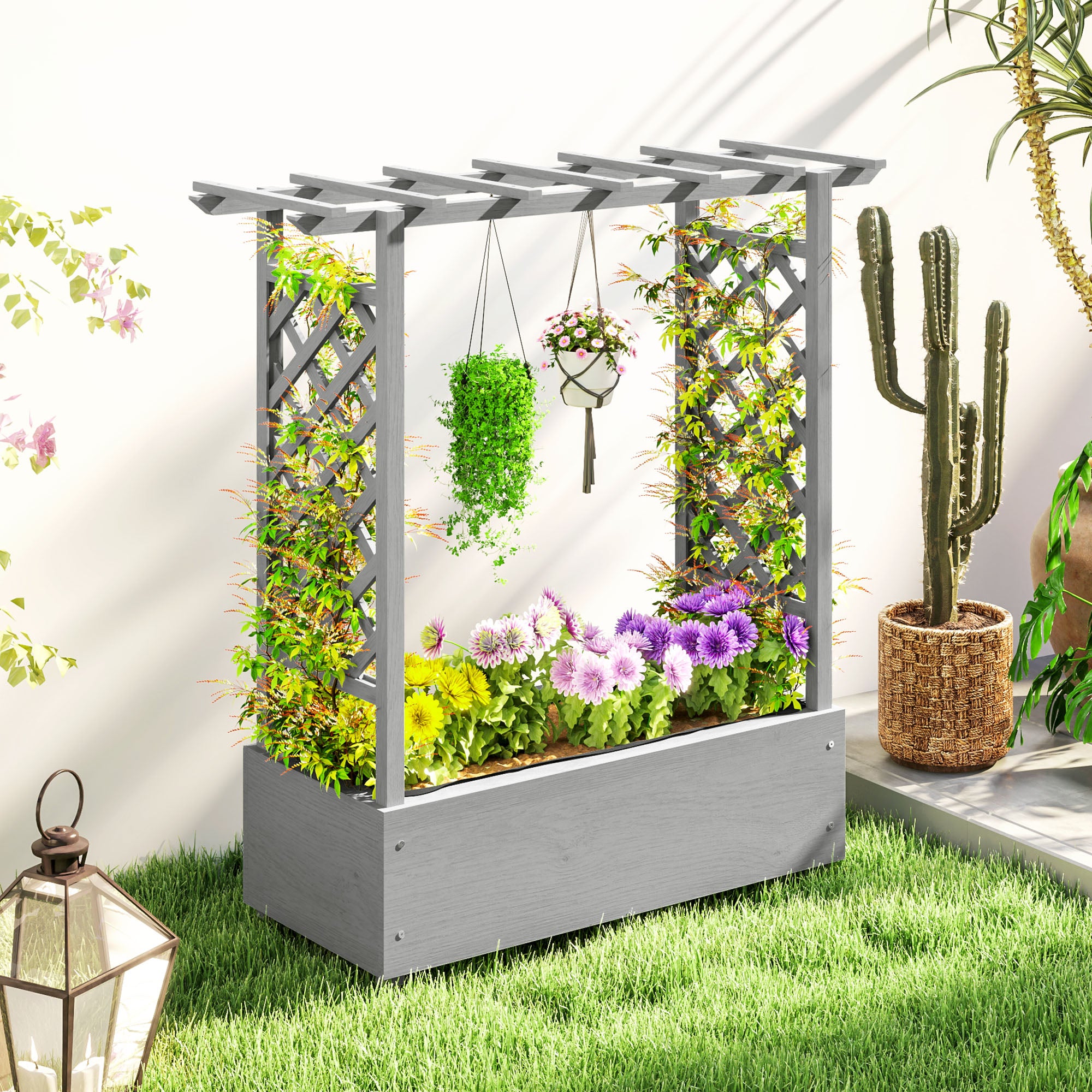 Wooden Raised Garden Bed with Trellis, Outdoor Planter Box with Hanging Roof, Drainage Holes and Bed Liner Raised Garden Beds at Gallery Canada
