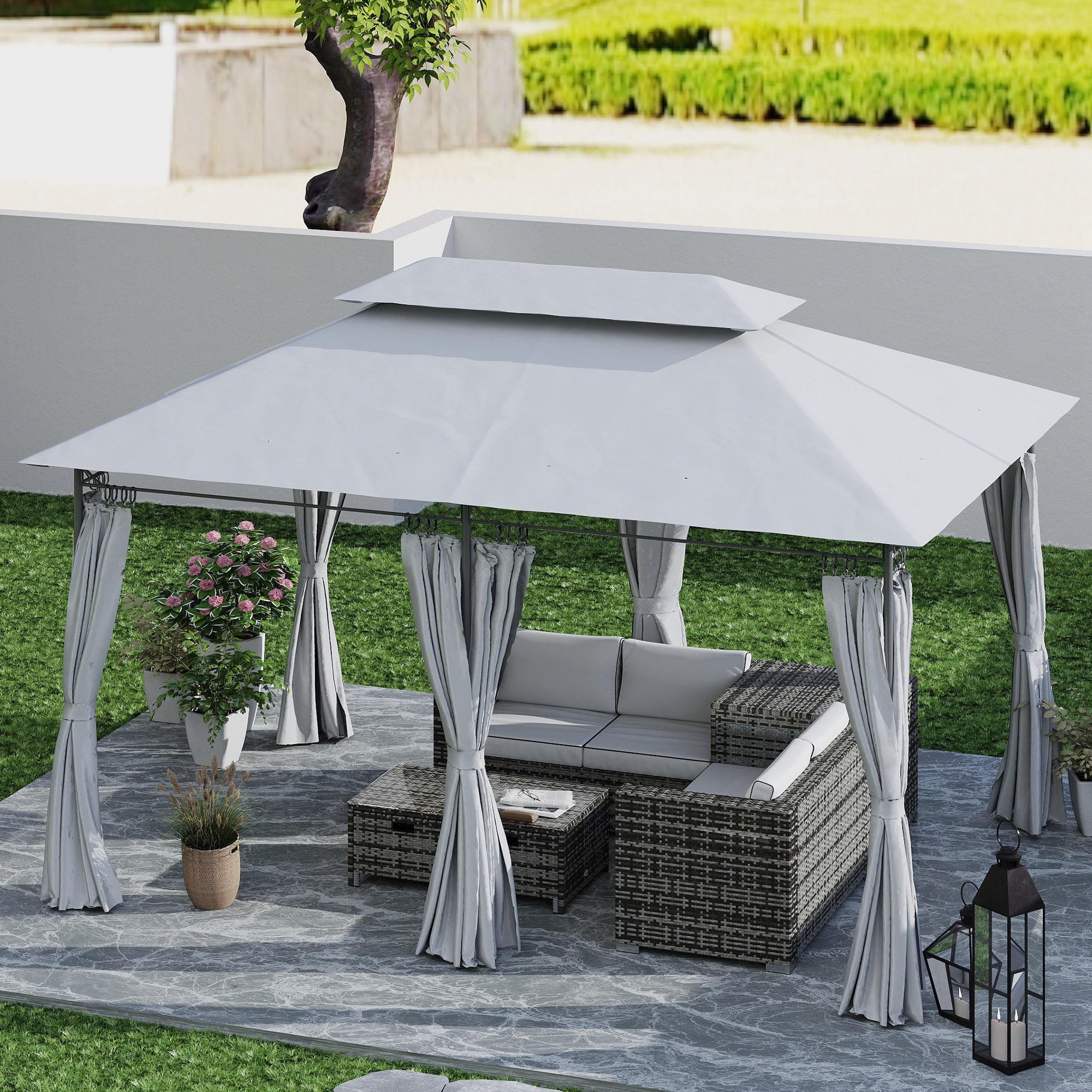 10' x 13' Double Roof Patio Gazebo, Outdoor Gazebo with Curtains, for Garden, Lawn, Backyard and Deck, Dark Grey Gazebos at Gallery Canada