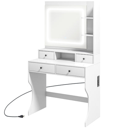 Dressing Table with Lighted Mirror, Vanity Table with Charging Station, USB Ports, Drawers, Storage Shelves, White Dressing & Vanity Tables   at Gallery Canada