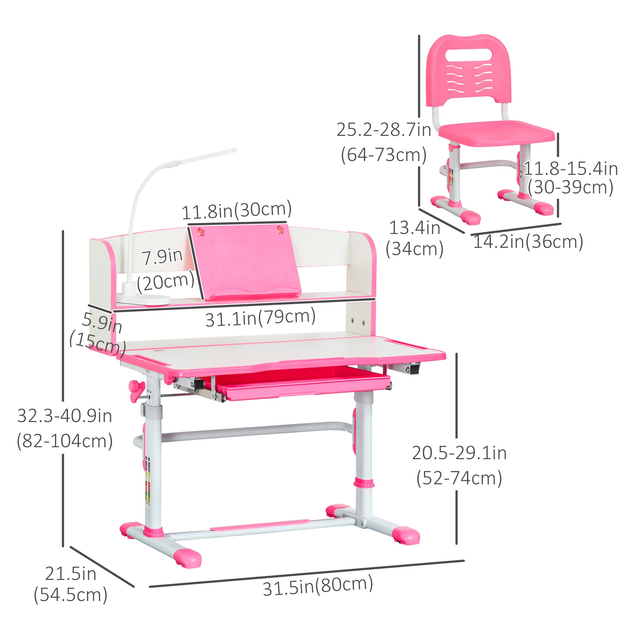 Kids Desk and Chair Set Height Adjustable Student Writing Desk Children School Study Table with LED Lamp, Bookshelf, Drawer, Reading Board, Pen Slot, Hook, Pink Kids Desk Sets at Gallery Canada