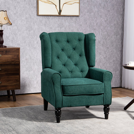 Fabric Accent Chair, Button Tufted Armchair, Armchair with Wood Legs, Thick Padding for Bedroom Dark Green Accent Chairs   at Gallery Canada