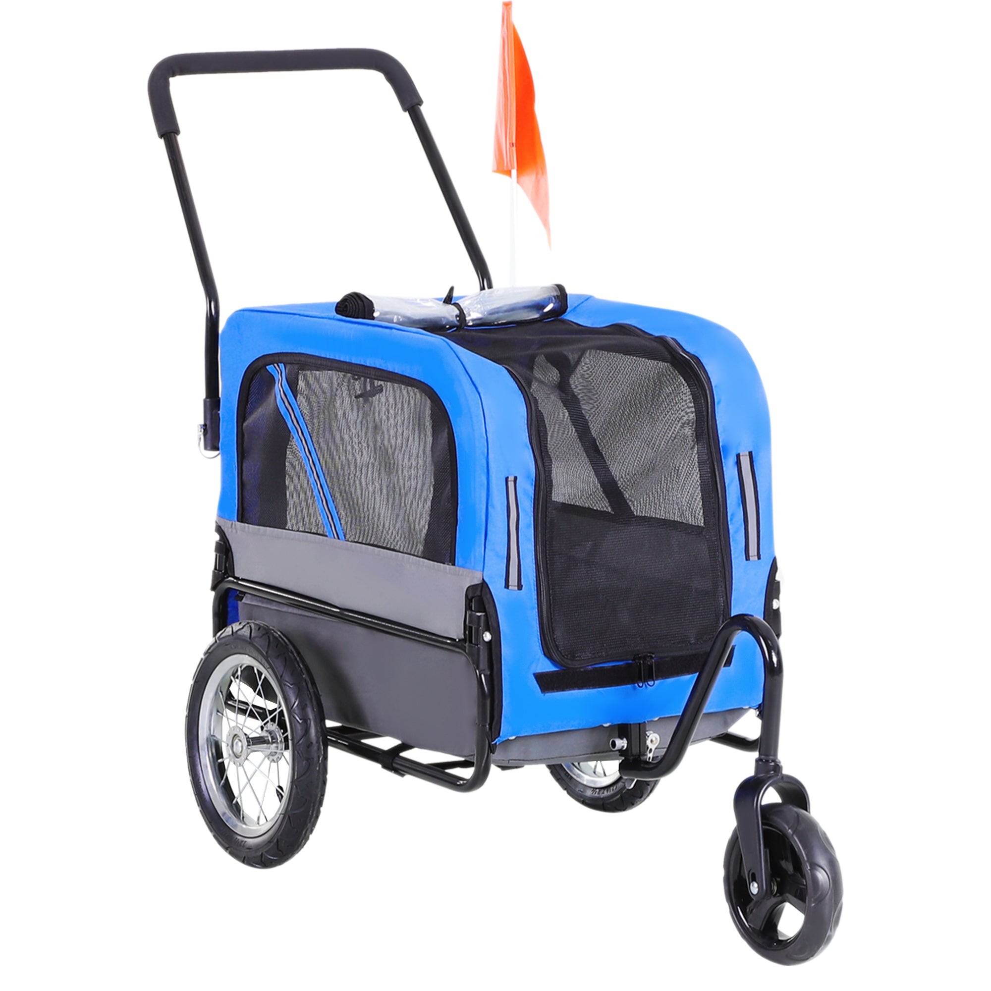 Dog Bike Trailer 2-In-1 Pet Stroller Cart Bicycle Wagon Cargo Carrier Attachment for Travel with 360 Swivel Wheel, Hitch, Suspension, Safety Flag, Blue Dog Bike Trailers & Strollers Blue and Grey at Gallery Canada