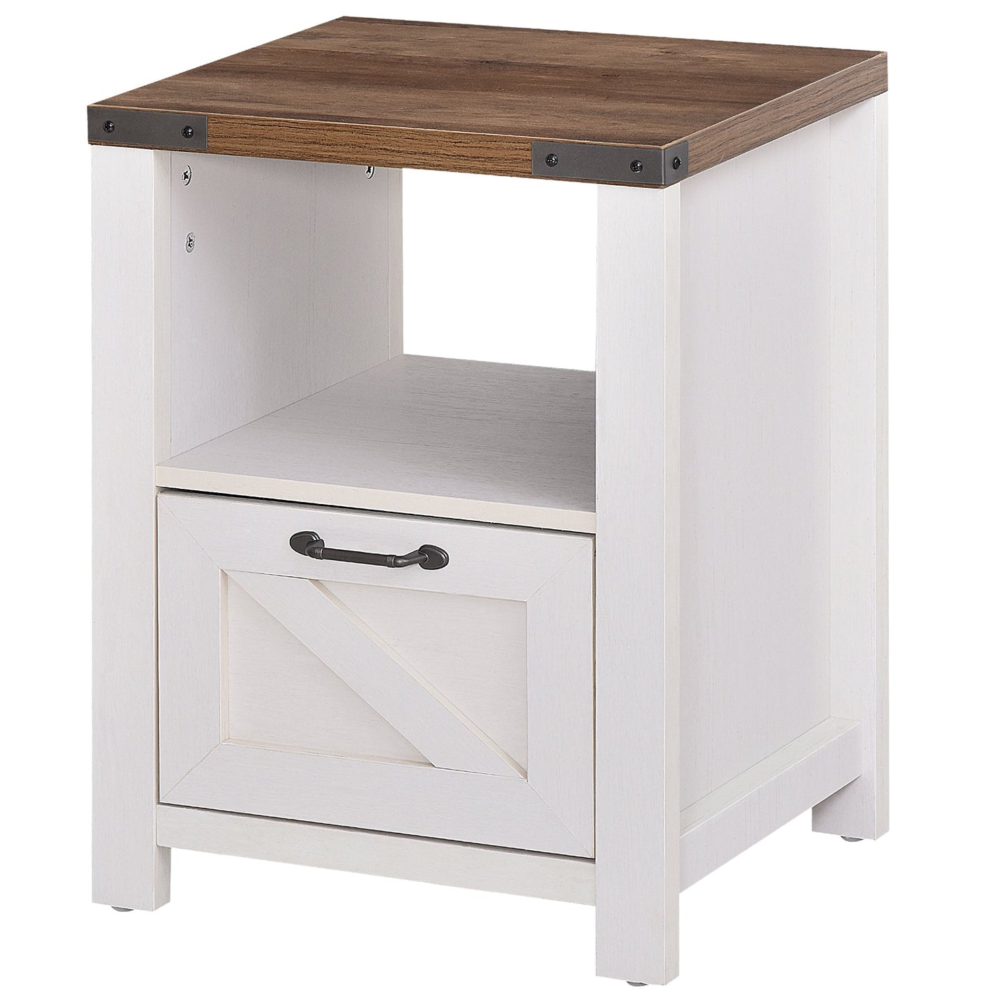 Side Table with Storage, Farmhouse End Table with Drawer, Open Shelf and Barn-style Panel, Accent Table for Living Room, Bedroom, White Side Tables   at Gallery Canada