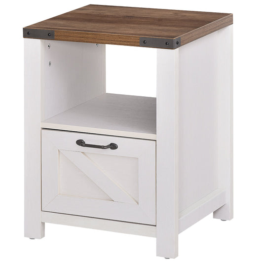 Side Table with Storage, Farmhouse End Table with Drawer, Open Shelf and Barn-style Panel, Accent Table for Living Room, Bedroom, White - Gallery Canada