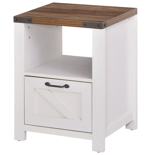 Side Table with Storage, Farmhouse End Table with Drawer, Open Shelf and Barn-style Panel, Accent Table for Living Room, Bedroom, White