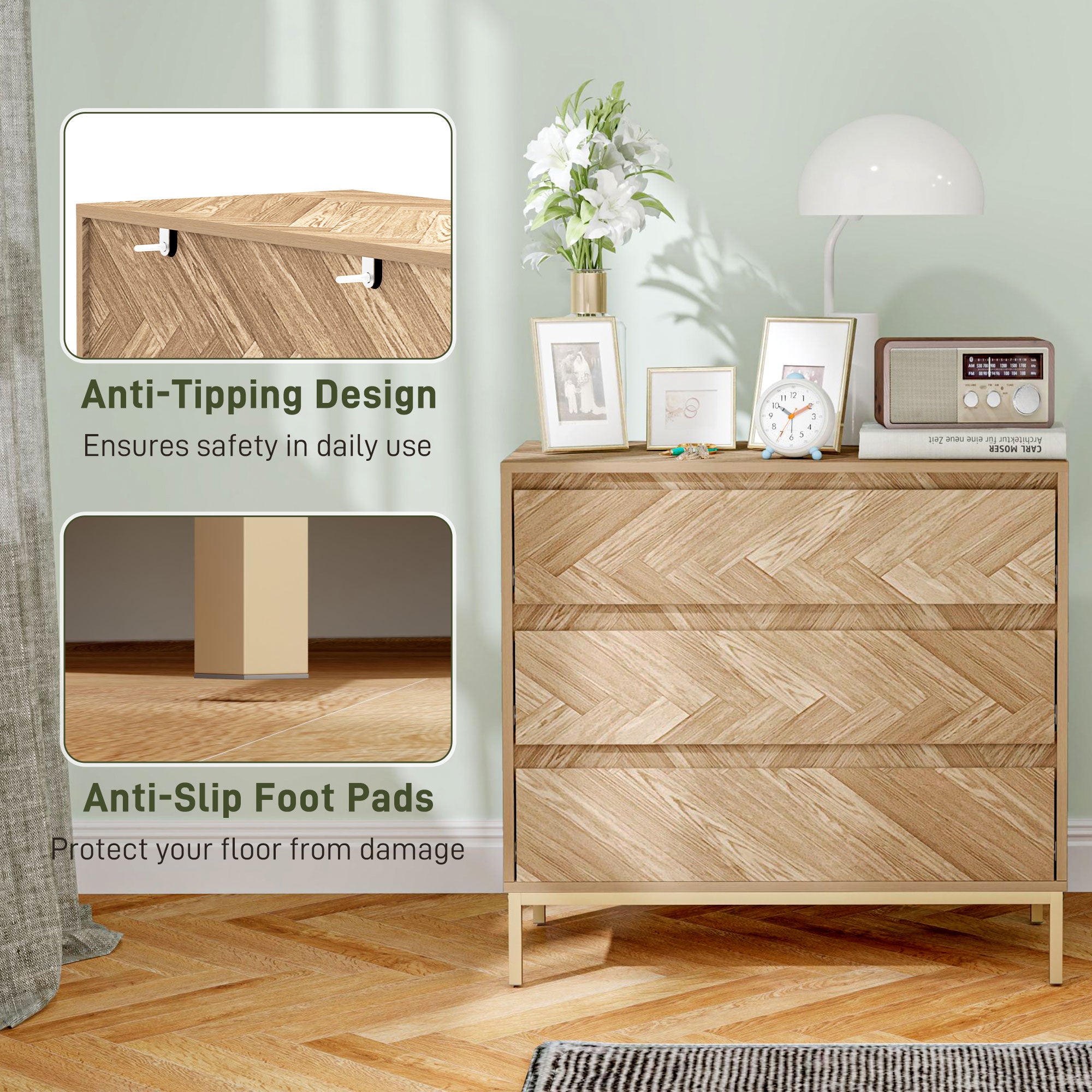 Bedroom Chest of Drawers with Anti-tipping Design, Storage Cabinet with 3 Drawers for Living Room, Hallway, Nature Wood Storage Cabinets at Gallery Canada