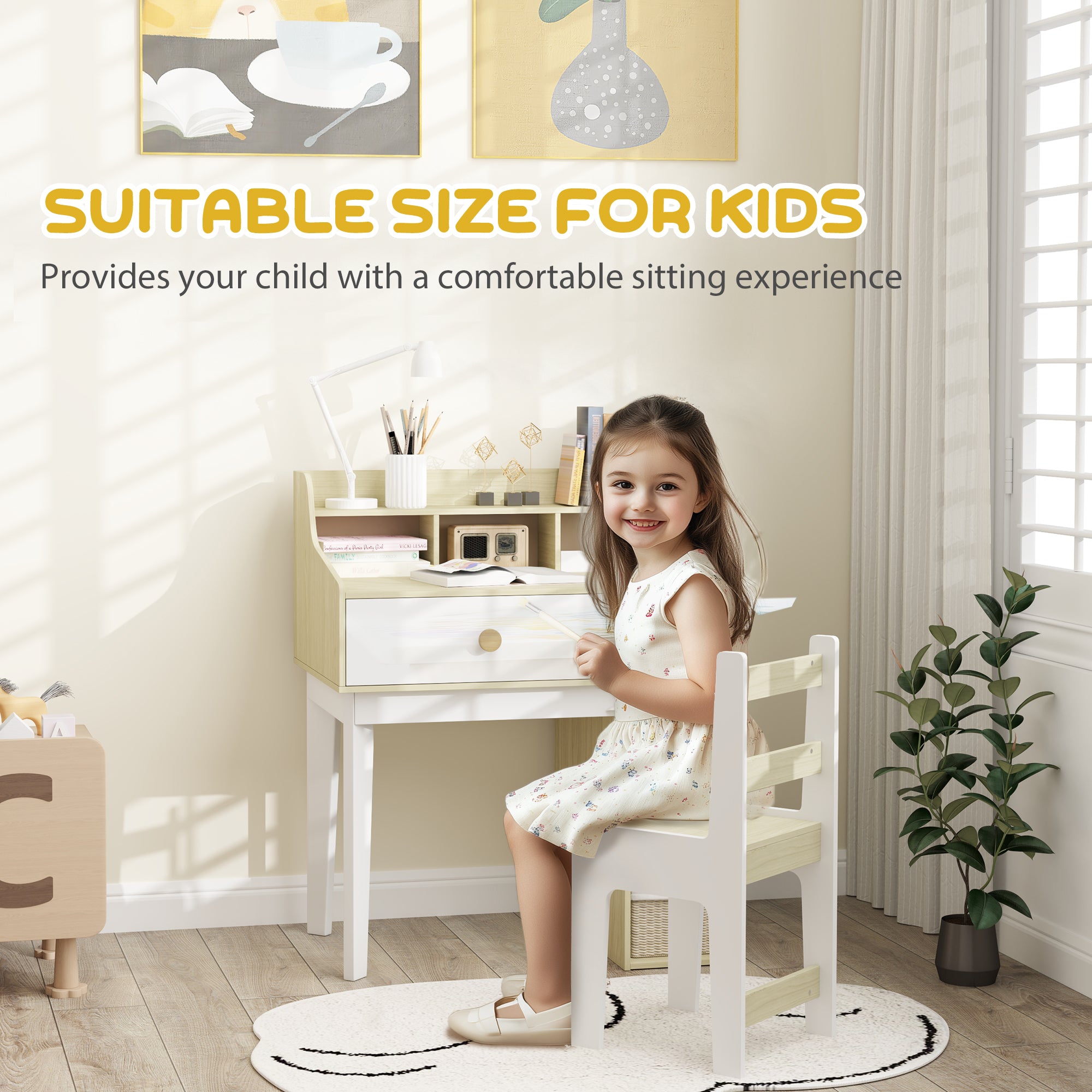 Kids Desk and Chair Set with Storage Shelves, Drawer, for 3-10 Years, White Kids Desk Sets at Gallery Canada