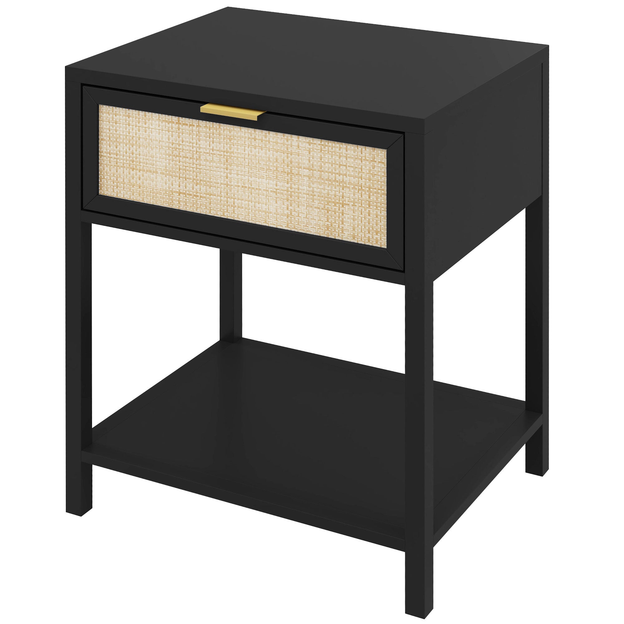 Boho Nightstand, Bedside Table with Rattan Drawer and Open Shelf, Side End Table for Bedroom, Living Room, Black Bedside Tables Black at Gallery Canada