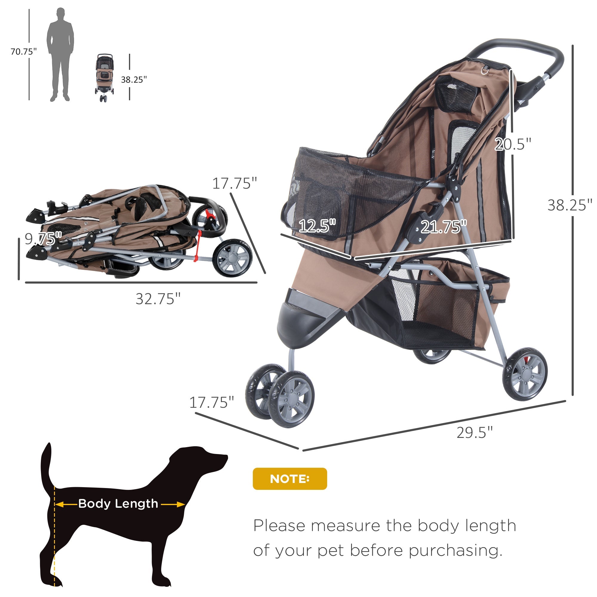 3 Wheel Folding Pet Stroller Dog Bike Carrier Strolling Jogger with Brake, Canopy, Cup Holders and Bottom Storage Space, Coffee Dog Bike Trailers & Strollers   at Gallery Canada