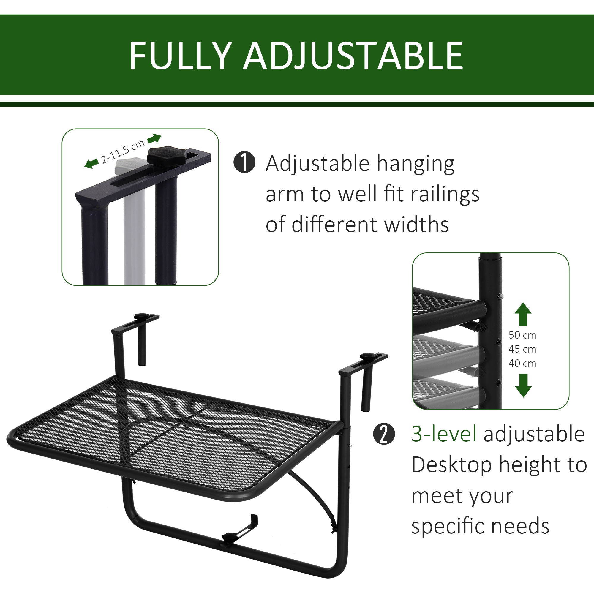 Adjustable Balcony Hanging Railing Table, Metal Mounting Mini Wall Desk Storage Rack, Outdoor Flower Stand Serving Table Rectangle, Black Balcony Table Hanging at Gallery Canada