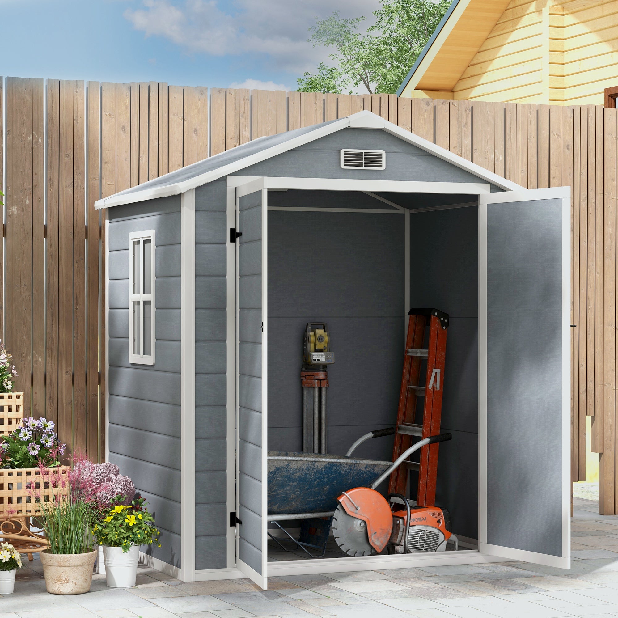 6x4.5FT Plastic Shed, Lockable Garden Tool Storage House with Double Doors and Vent, Grey Sheds   at Gallery Canada