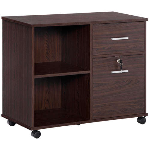 Lateral Filing Cabinet with Wheels, Locking File Cabinet, Mobile Printer Stand with Open Shelves and Drawers for A4 Size Documents, Walnut