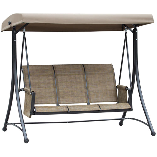 3 Person Porch Swing Outdoor Swing Chair with High Back Design, Side Pouches and Adjustable Canopy, Brown