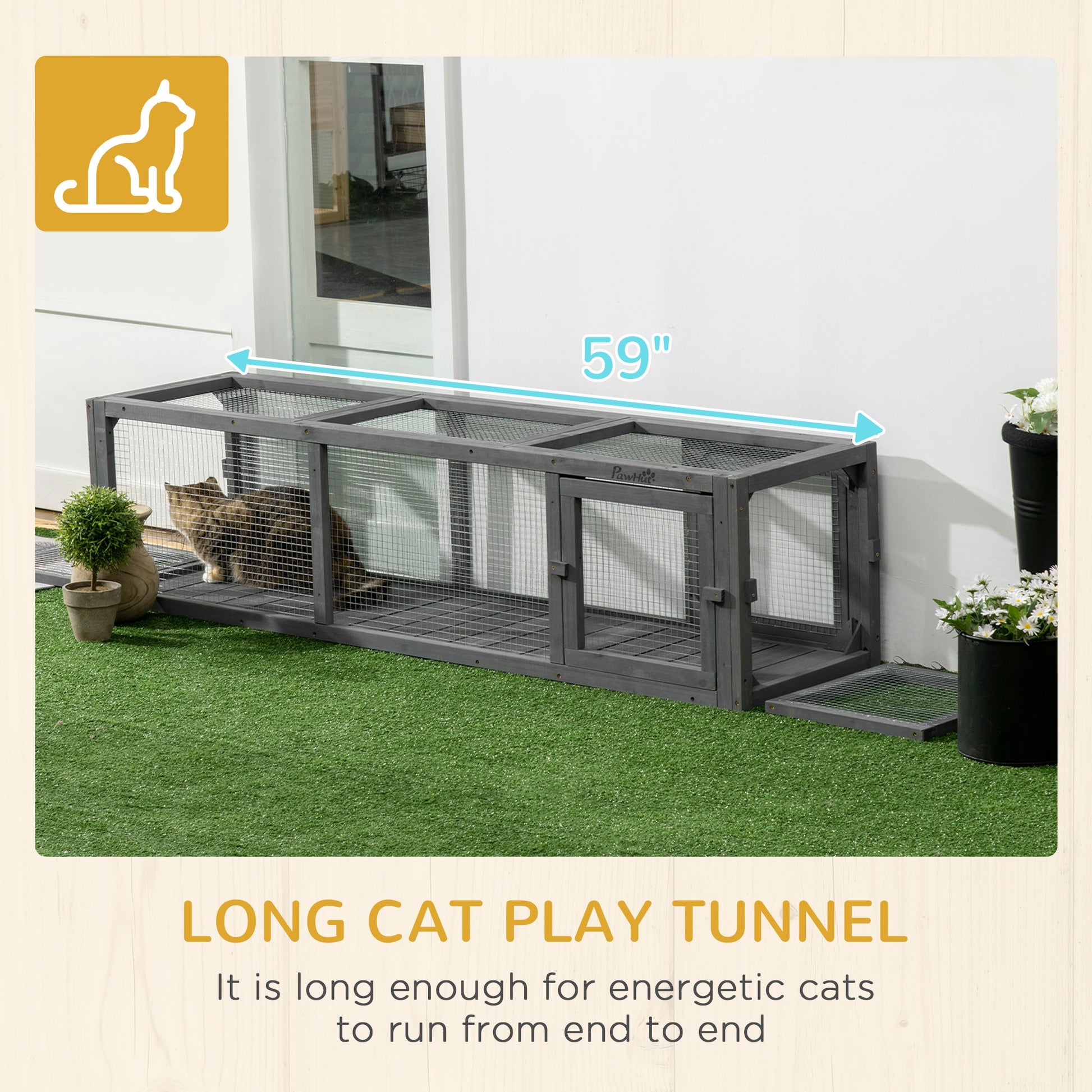 L-Shape 59" Extendable Cat Tunnel with Removable Door, Indoor/Outdoor Shelter, Grey Outdoor Cat Enclosures   at Gallery Canada