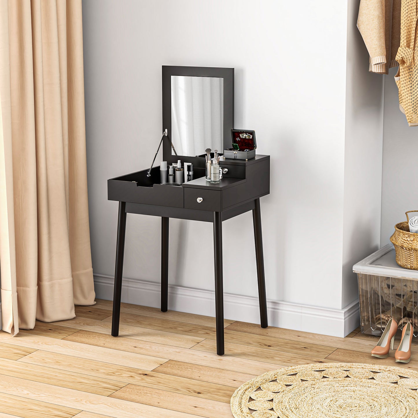 Makeup Vanity Table with Flip-up Mirror, Modern Dressing Table with 2 Drawers for Bedroom, Black Dressing & Vanity Tables   at Gallery Canada