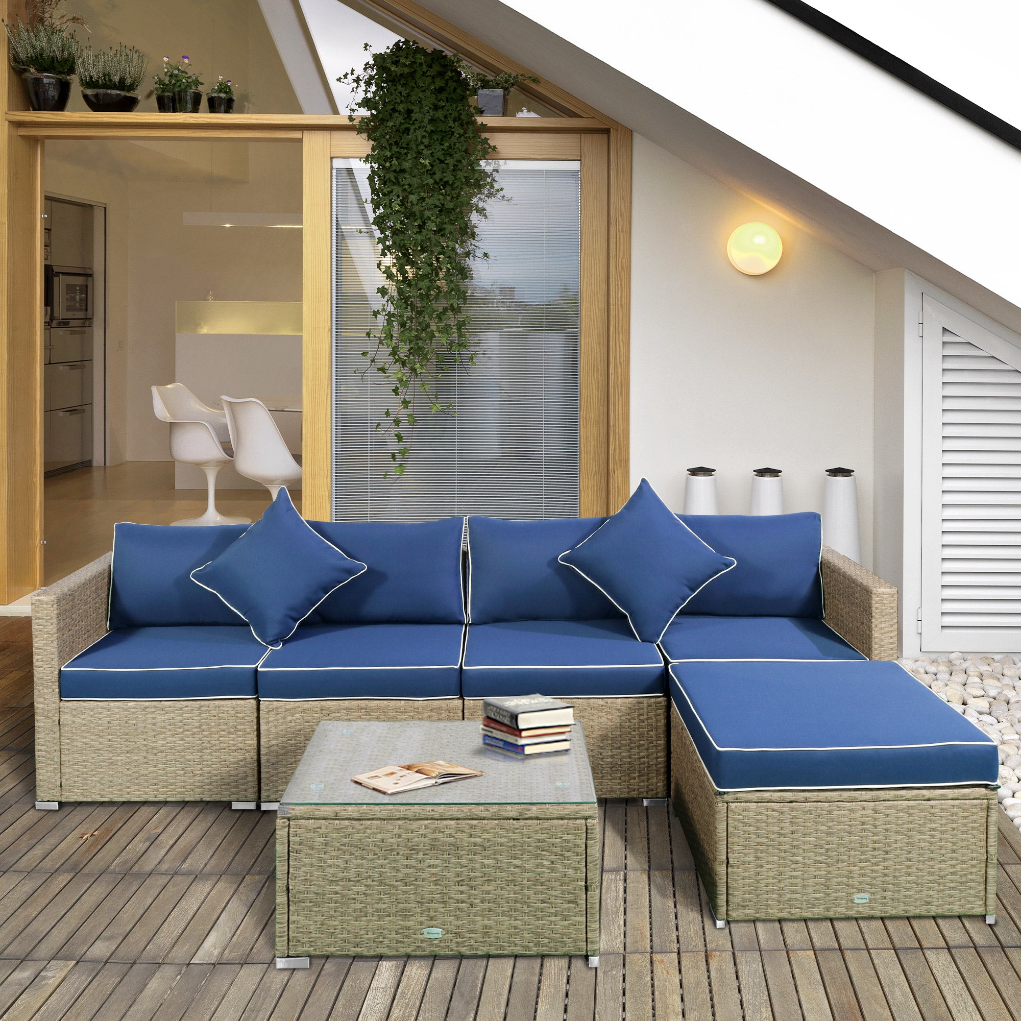 6 Pieces Outdoor PE Rattan Wicker Patio Furniture Sofa Set with Thick Cushions, Deluxe Garden Sectional Couch with Glass Top Table, Yellow and Navy Blue Patio Furniture Sets at Gallery Canada