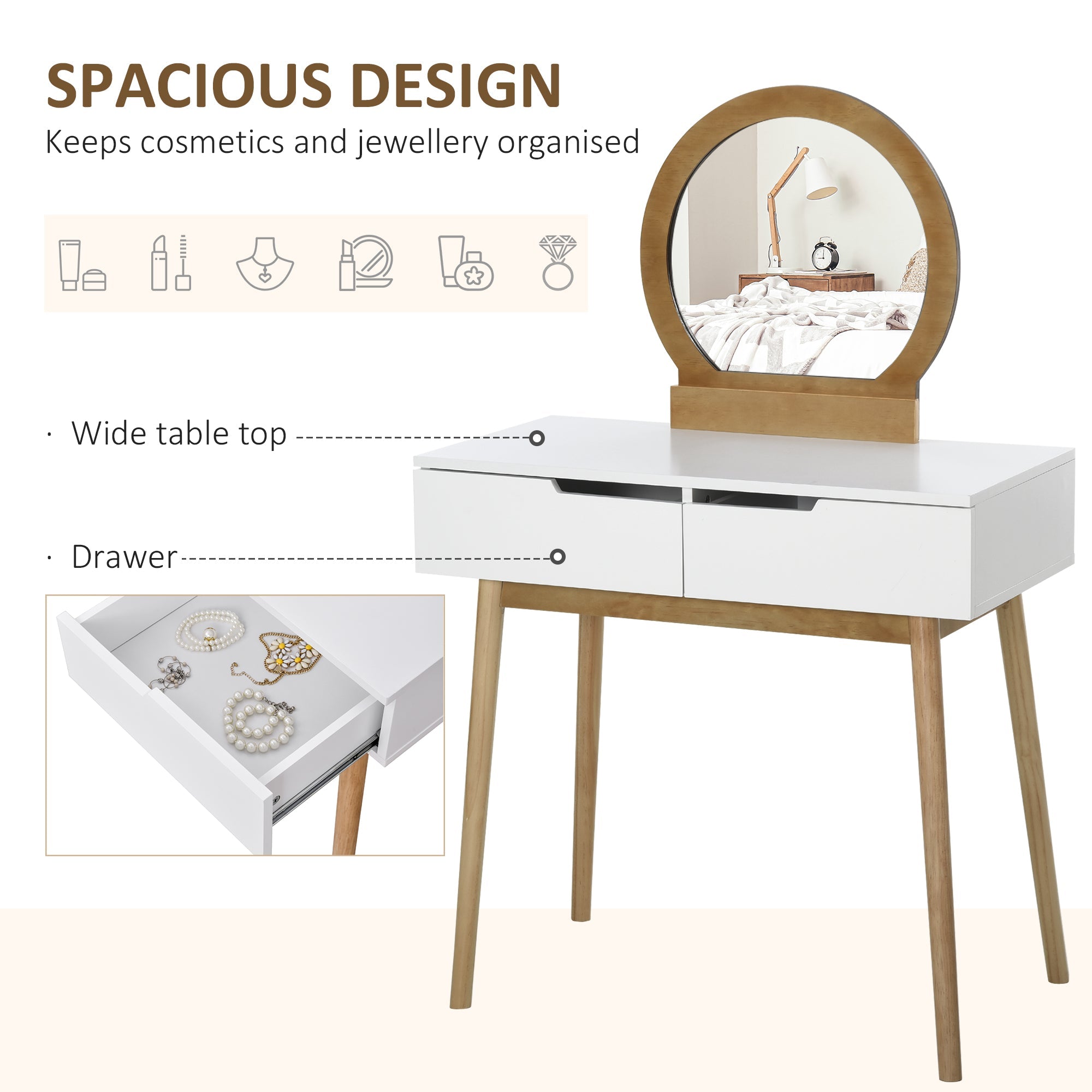 Vanity Table Set with Round Mirror and 2 Drawers, Dressing Table with Cushioned Stool Set for Bedroom, Natural Dressing & Vanity Tables   at Gallery Canada