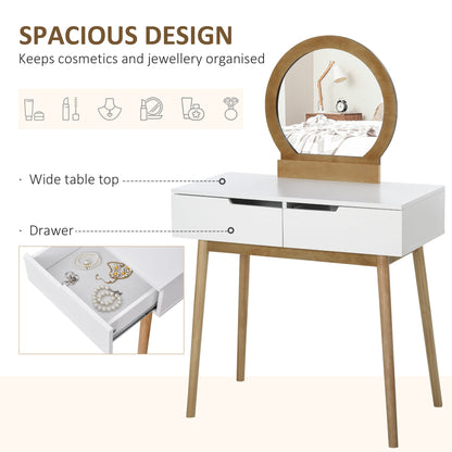 Vanity Table Set with Round Mirror and 2 Drawers, Dressing Table with Cushioned Stool Set for Bedroom, Natural Dressing & Vanity Tables   at Gallery Canada