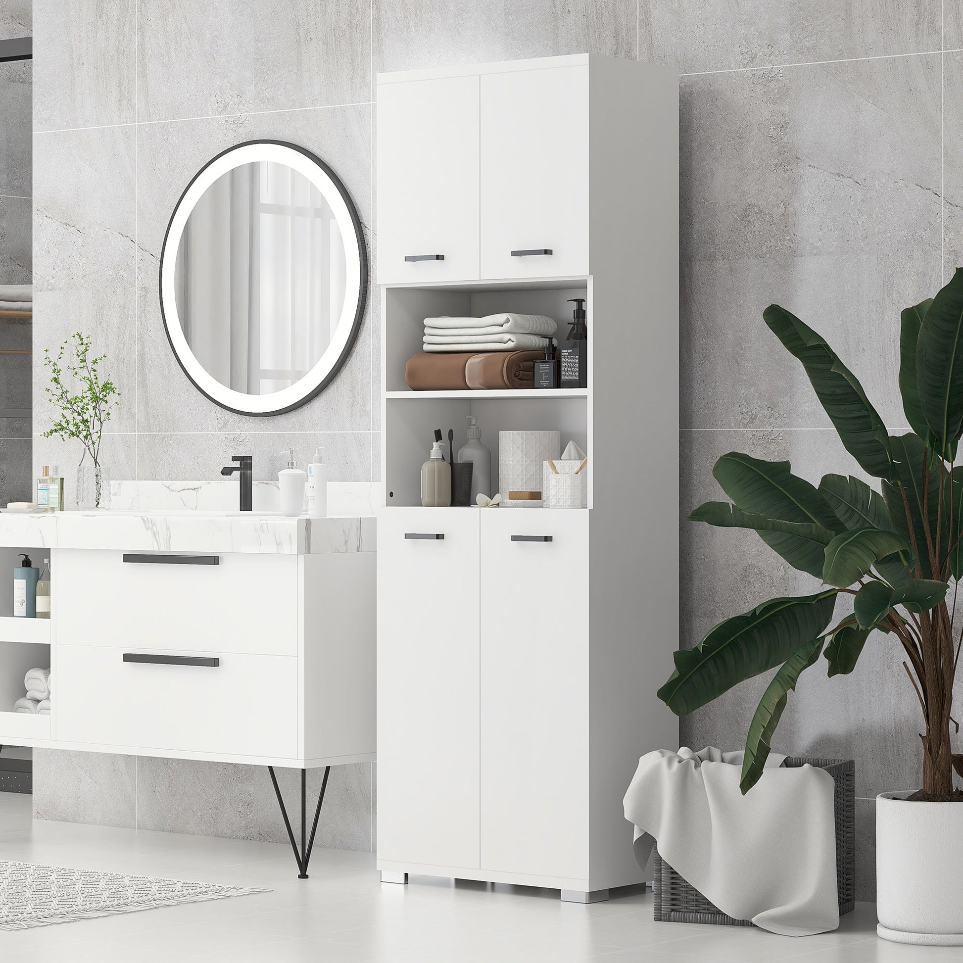 Bathroom Cabinet, Freestanding Linen Cabinet with Open Shelves and Cupboards, 23.6"x13.2"x72", White Bathroom Cabinets   at Gallery Canada