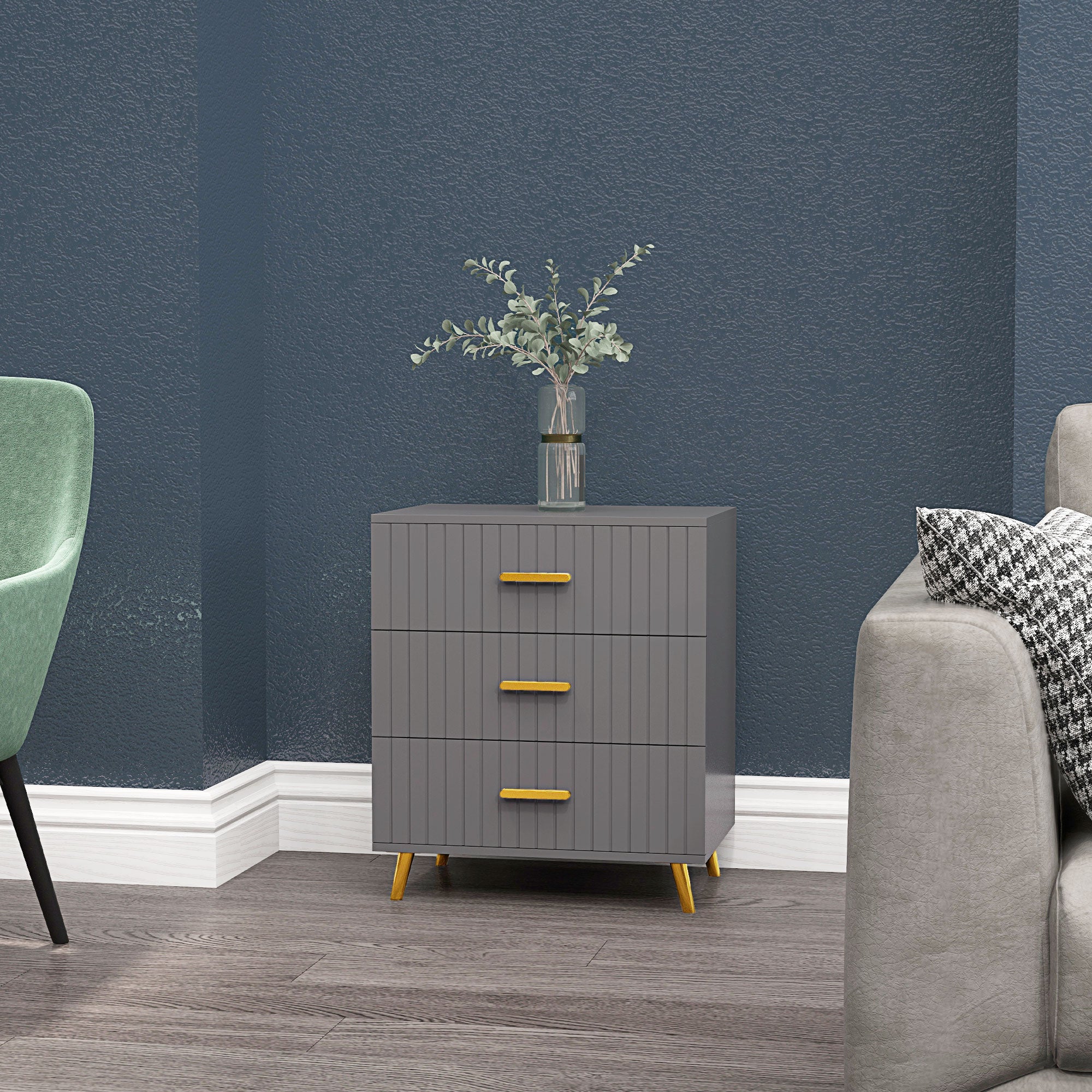 3 Drawer Cabinet, Drawer Chest for Bedroom, Chest of Drawers with Aluminium Legs and Gold Handles, Dark Grey Storage Cabinets   at Gallery Canada