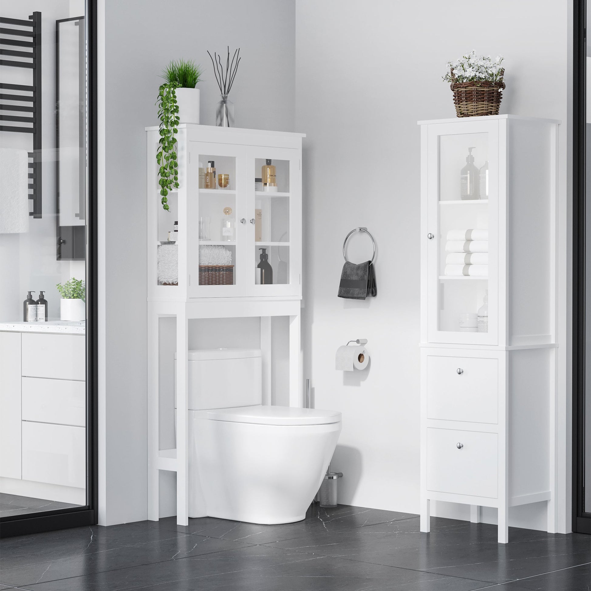 Tall Bathroom Cabinet with Tempered Glass Door, Storage Organizer, Freestanding Linen Tower with 2 Adjustable Shelves and 2 Drawers, White Bathroom Cabinets   at Gallery Canada