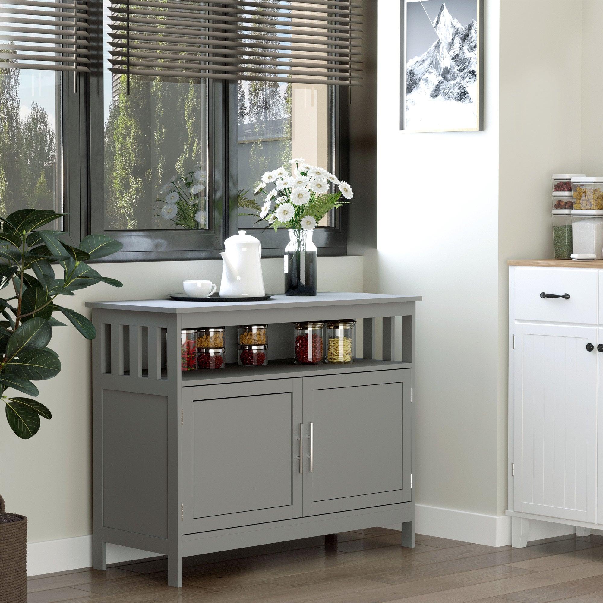 Kitchen Sideboard, Buffet Cabinet, Wooden Storage Console Table with 2-Level Cabinet and Open Shelf, Grey Bar Cabinets at Gallery Canada