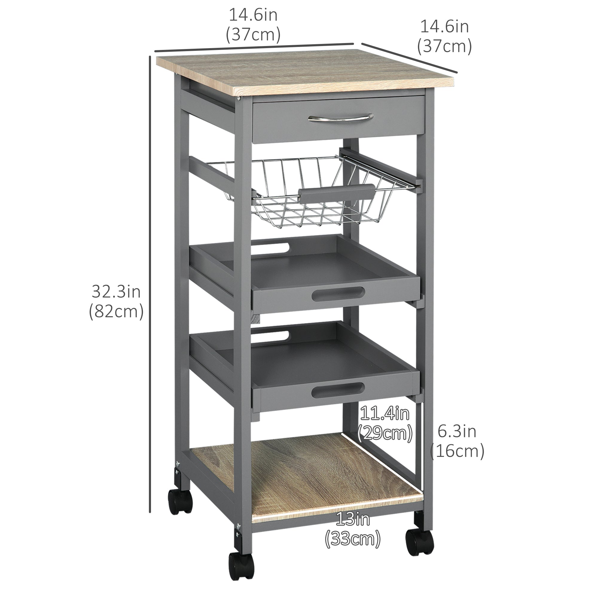 Rolling Kitchen Island Cart, Mobile Utility Storage Cart with Drawer, Wire Storage Basket, Removable Tray, Grey Kitchen Islands & Kitchen Carts   at Gallery Canada