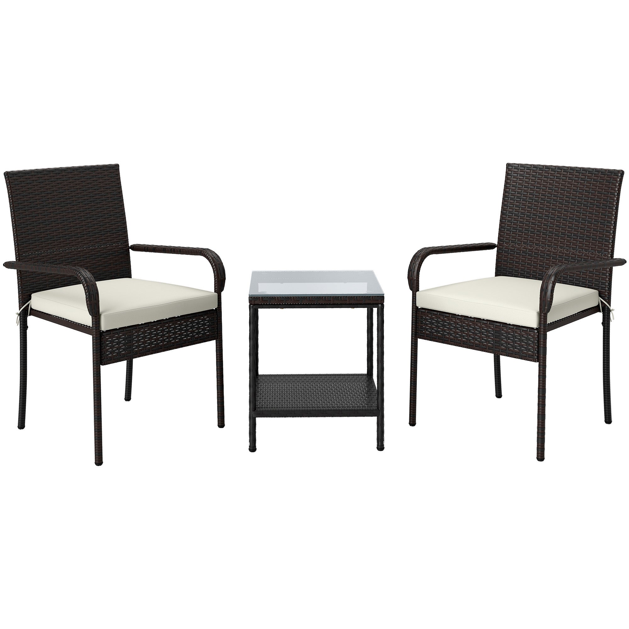 3 Piece Wicker Patio Furniture Set with Stackable Chairs, Washable Cushion, Tempered Glass Top, for Backyard, Brown Bistro Sets at Gallery Canada
