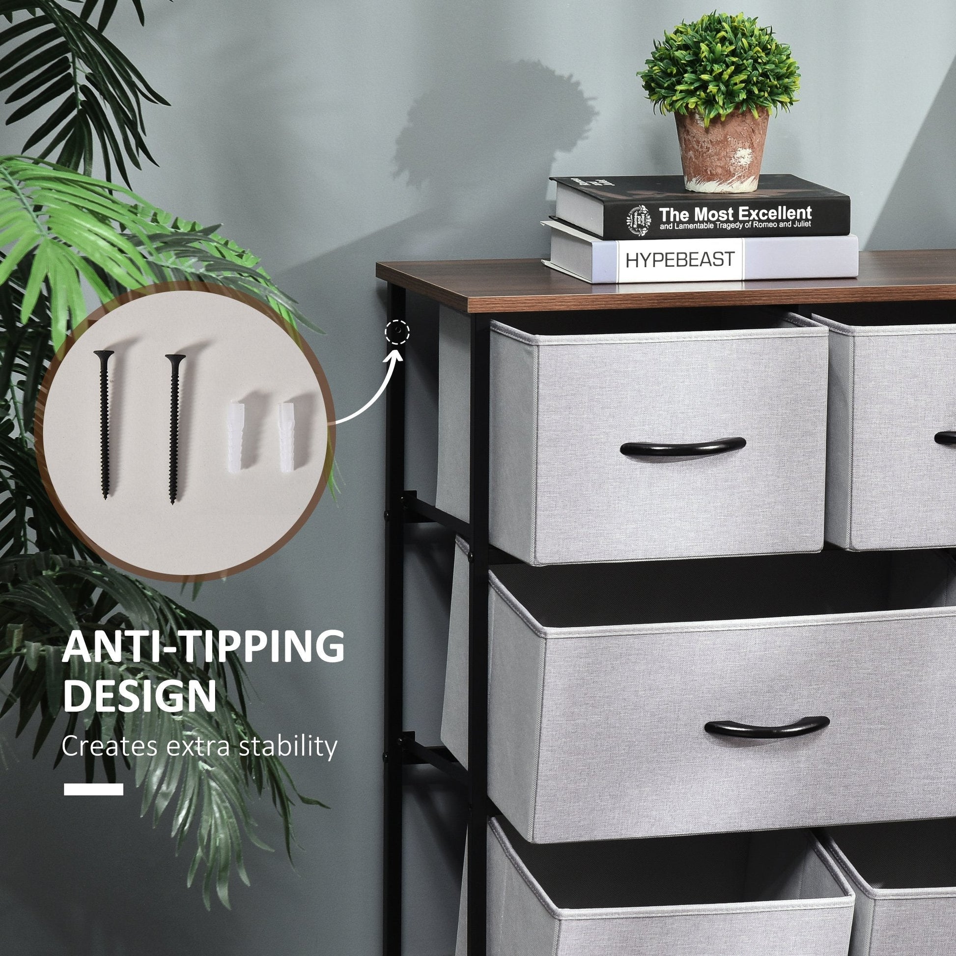 8-Bin Dresser, 3-Tier Fabric Chest of Bins, Storage Tower Organizer Unit with Steel Frame Wooden Top for Living Room, Hallway, Grey Storage Cabinets   at Gallery Canada