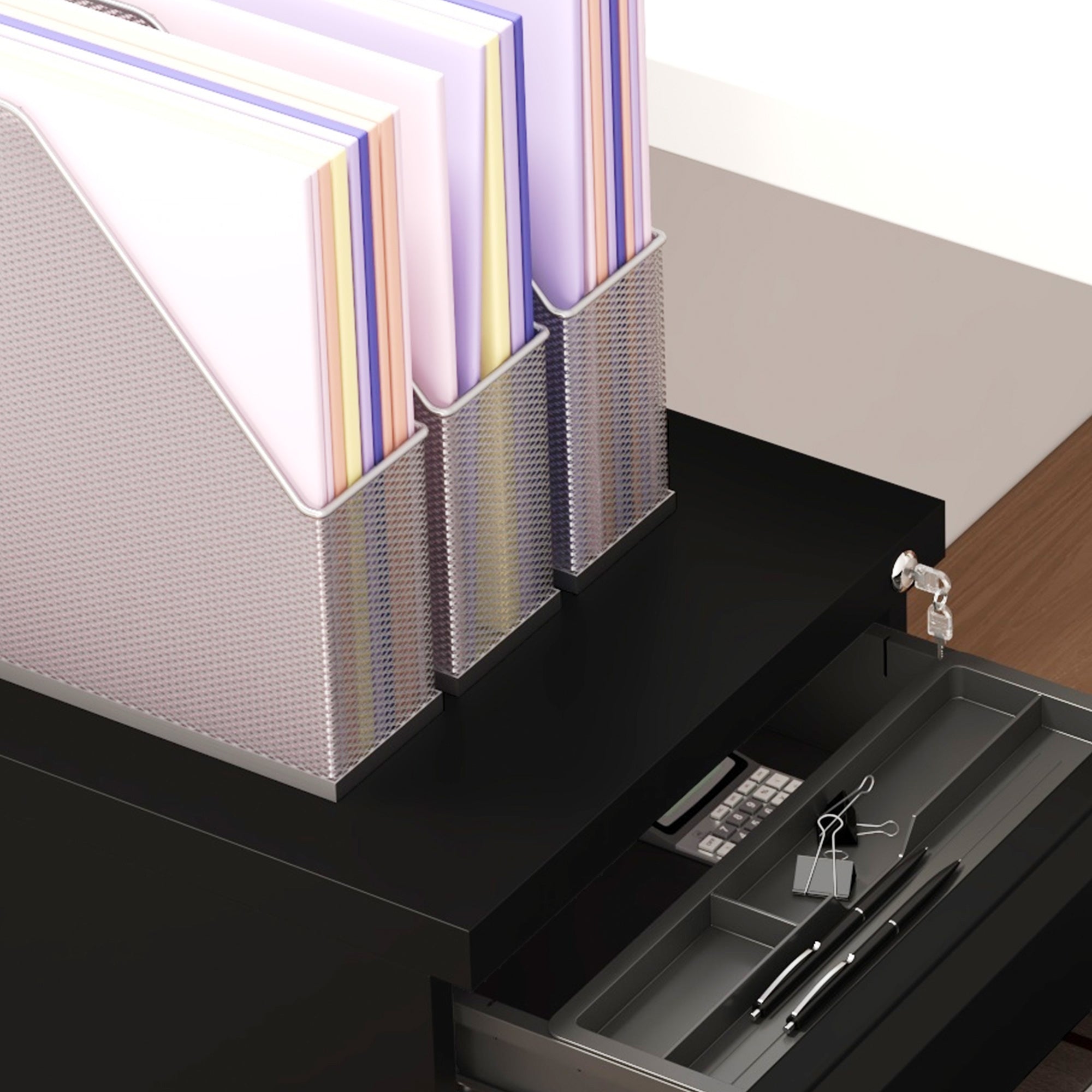 3 Drawer Vertical File Cabinet with Lock, Steel Filing Cabinet with Wheels and Hanging Bar for A4 Legal and Letter Size Files, Printer Stand with Pre-Assembled Body, Black Office Cabinets & Cupboards at Gallery Canada