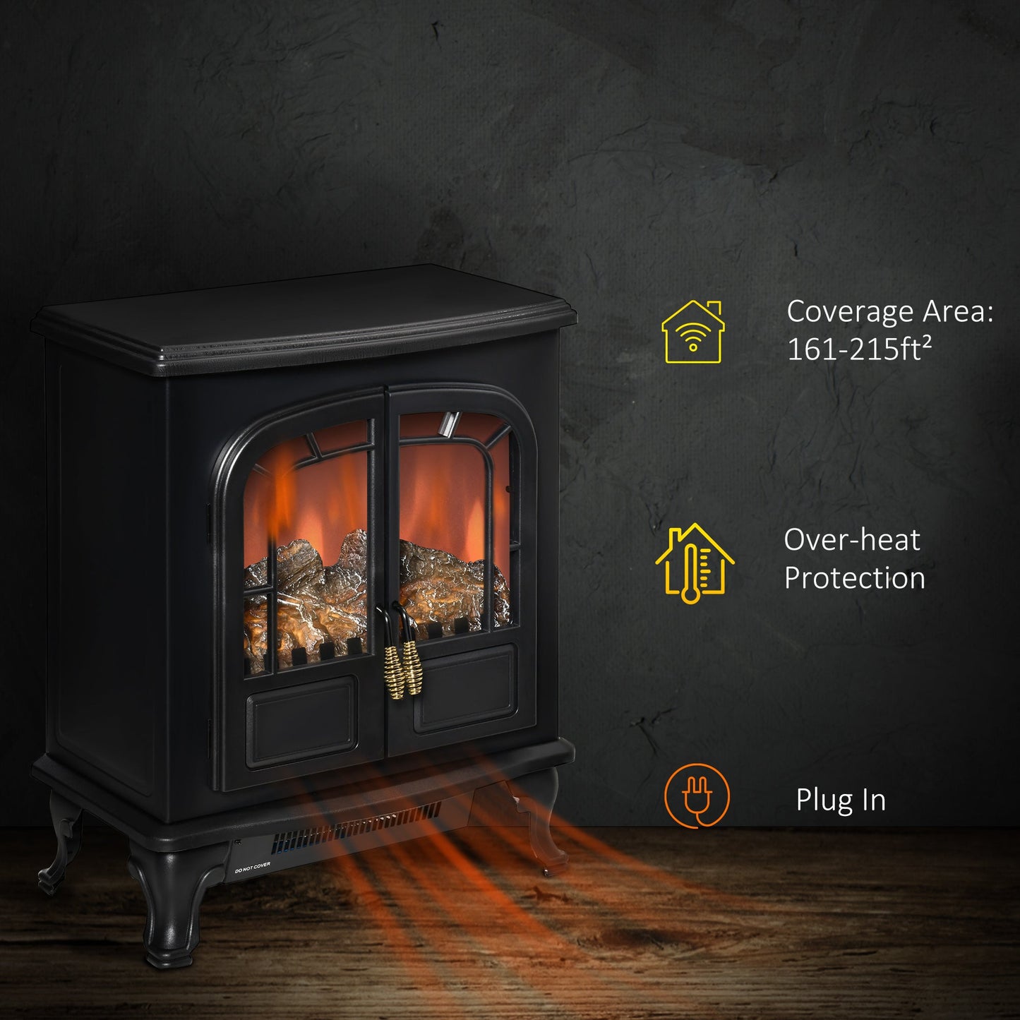 Electric Fireplace Stove Heater with LED Fire Flame Effect, Double Door, Freestanding &; Portable with Overheat Protection, 750W/1500W, Black Electric Fireplaces   at Gallery Canada