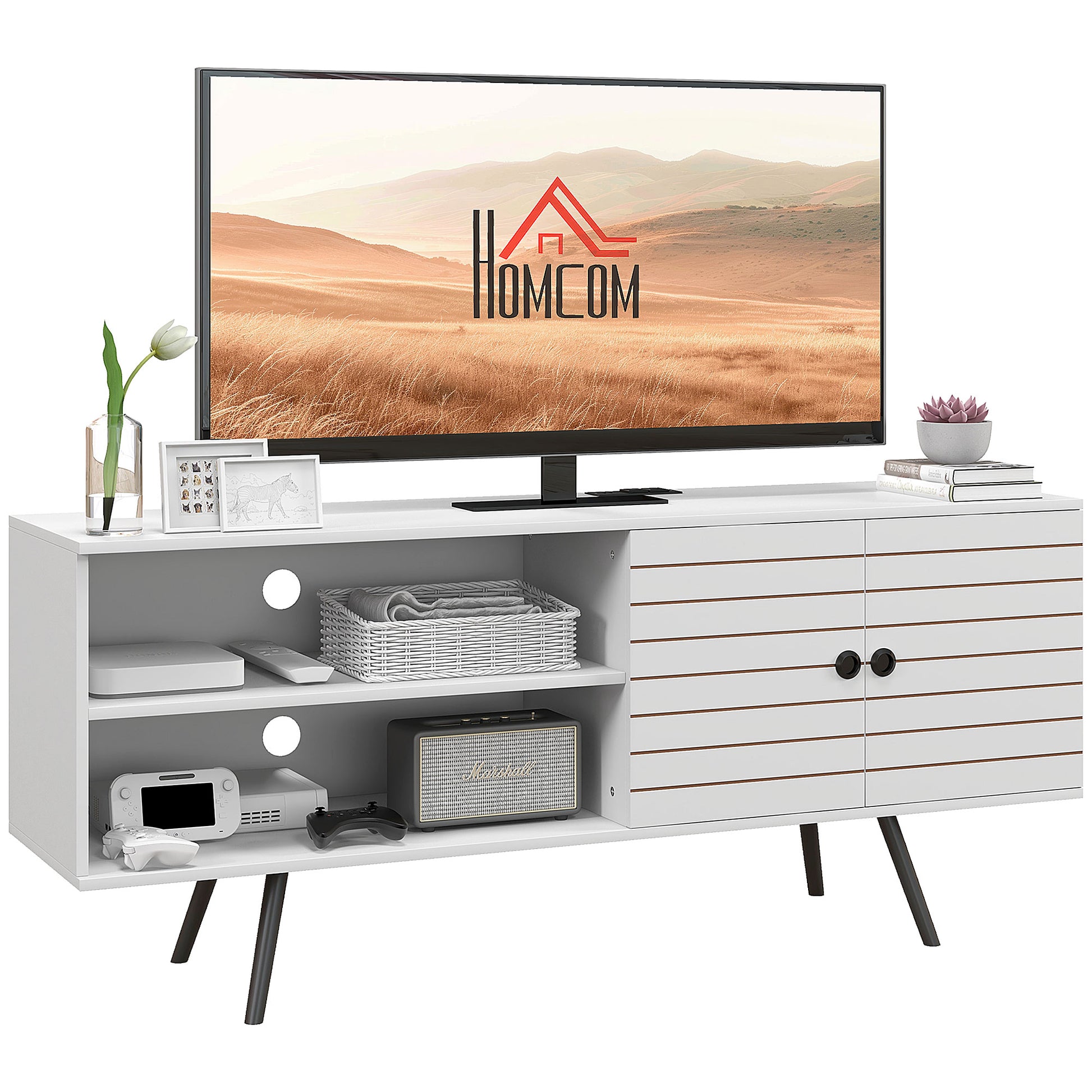 TV Stand Cabinet for 65-Inch, TV Table with Charging Station, Television Stand with Open Shelves, Door and Cable Holes TV Stands   at Gallery Canada