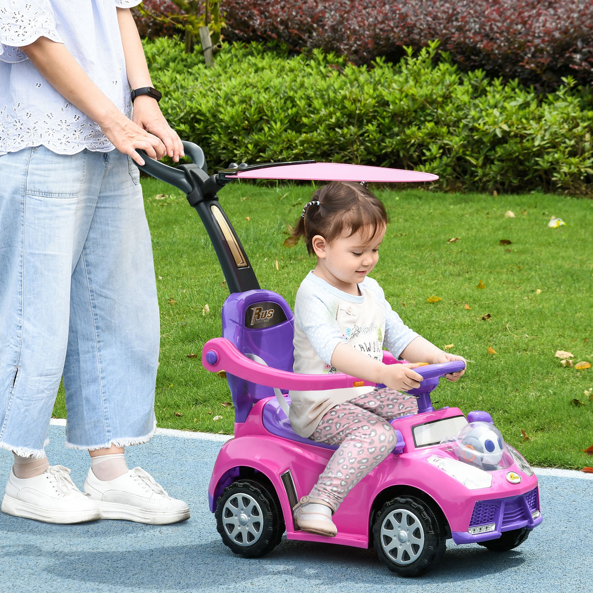 3 in 1 Kids Push Car Toddler Sliding Car, Foot to Floor Design with Music, Light, Handle, Removable Canopy, Pink Push Cars for Toddlers at Gallery Canada