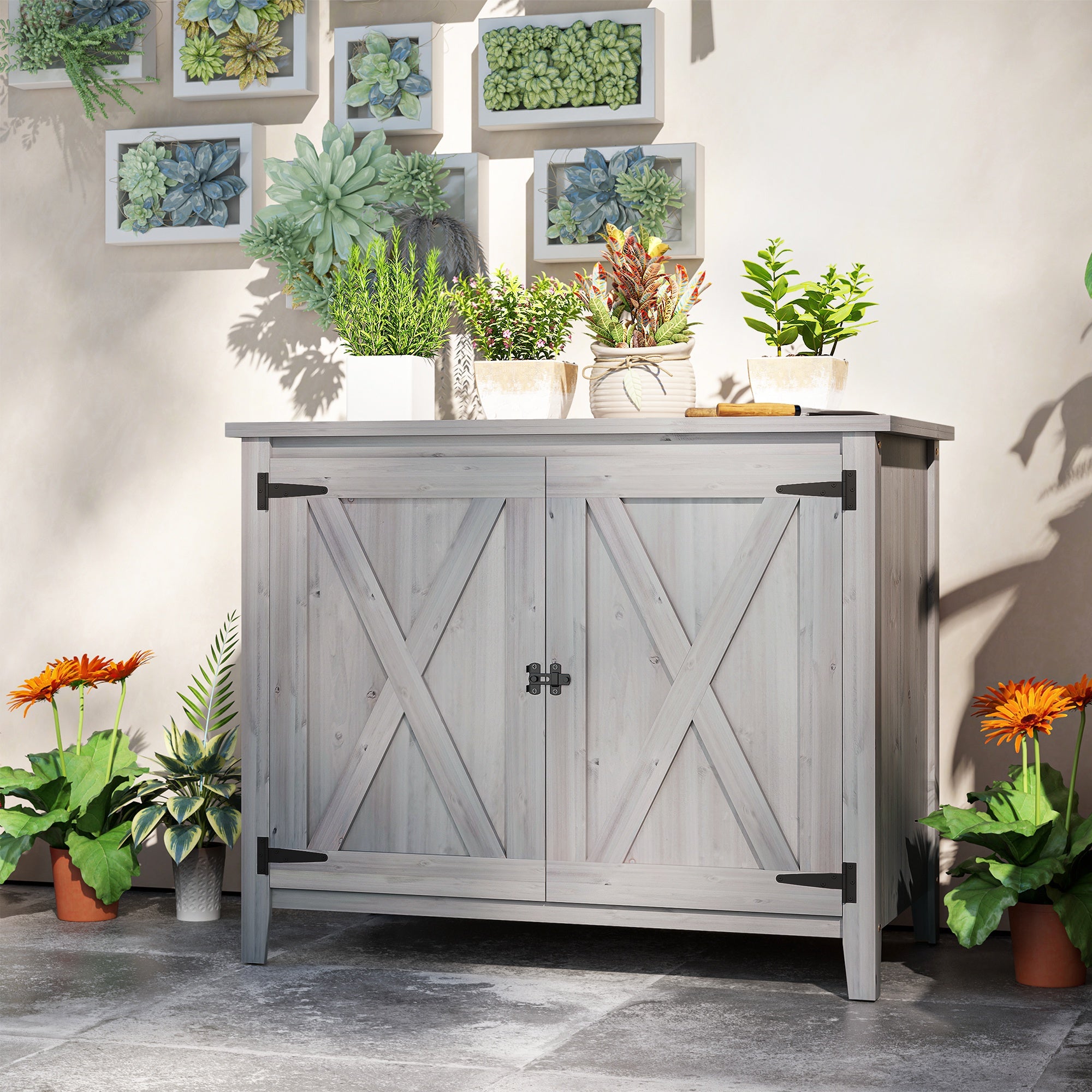 Wooden Outdoor Storage Cabinet, Garden Shed Potting Shed with Shelf and Double Doors, Light Grey Sheds at Gallery Canada