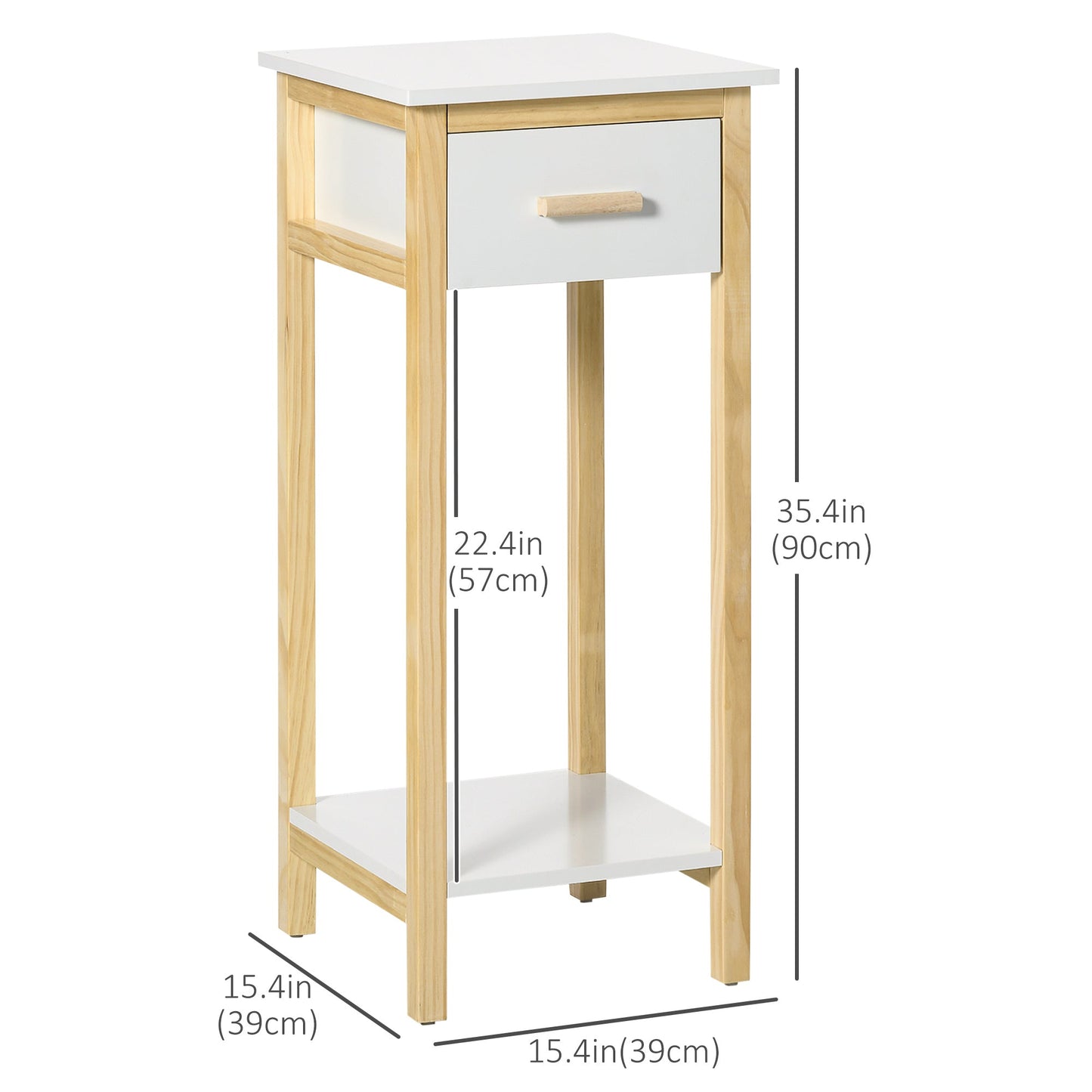 Tall Side Table, Slim Bedside Table with Drawer and Bottom Shelf, Narrow End Table with Storage and Pine Wood Frame for Small Spaces, White Side Tables   at Gallery Canada